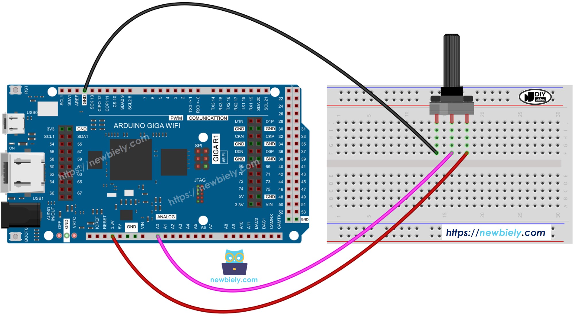 The wiring diagram between Arduino MicroPython Potentiometer