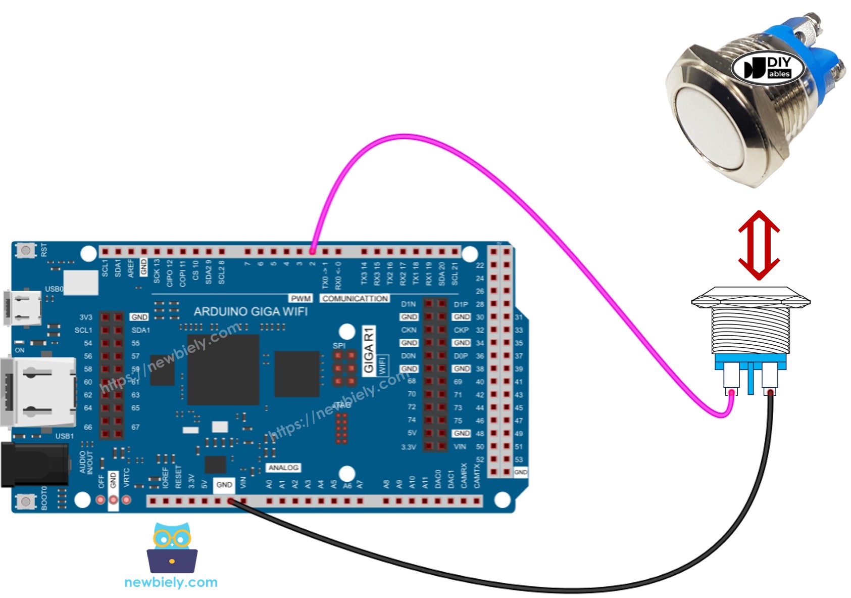 The wiring diagram between Arduino MicroPython two-pin push button