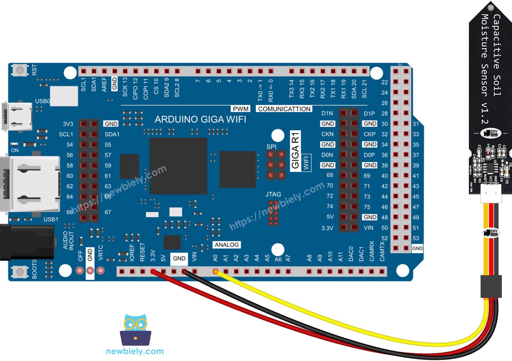 The wiring diagram between Arduino MicroPython soil moisture sensor