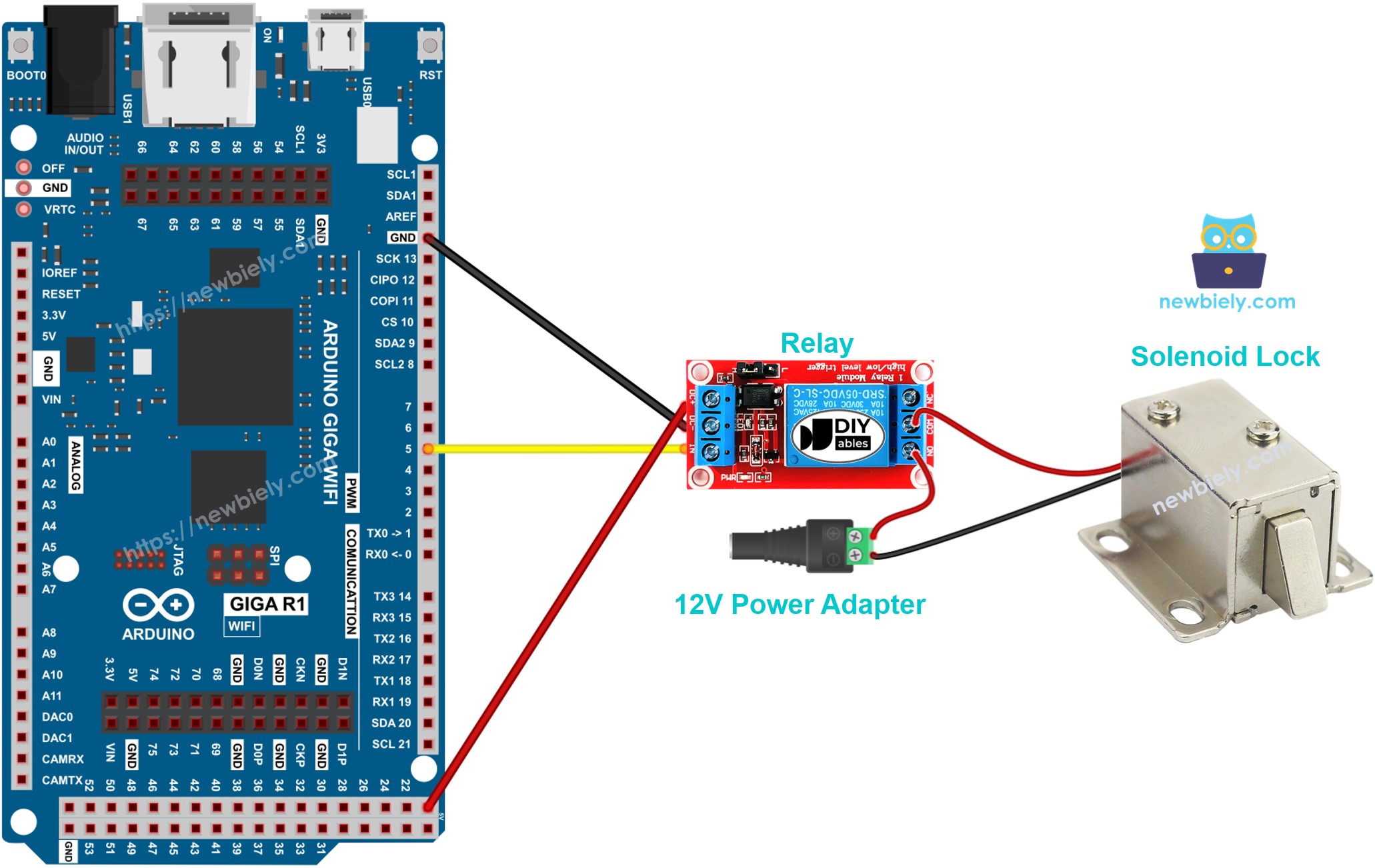 The wiring diagram between Arduino MicroPython solenoid lock