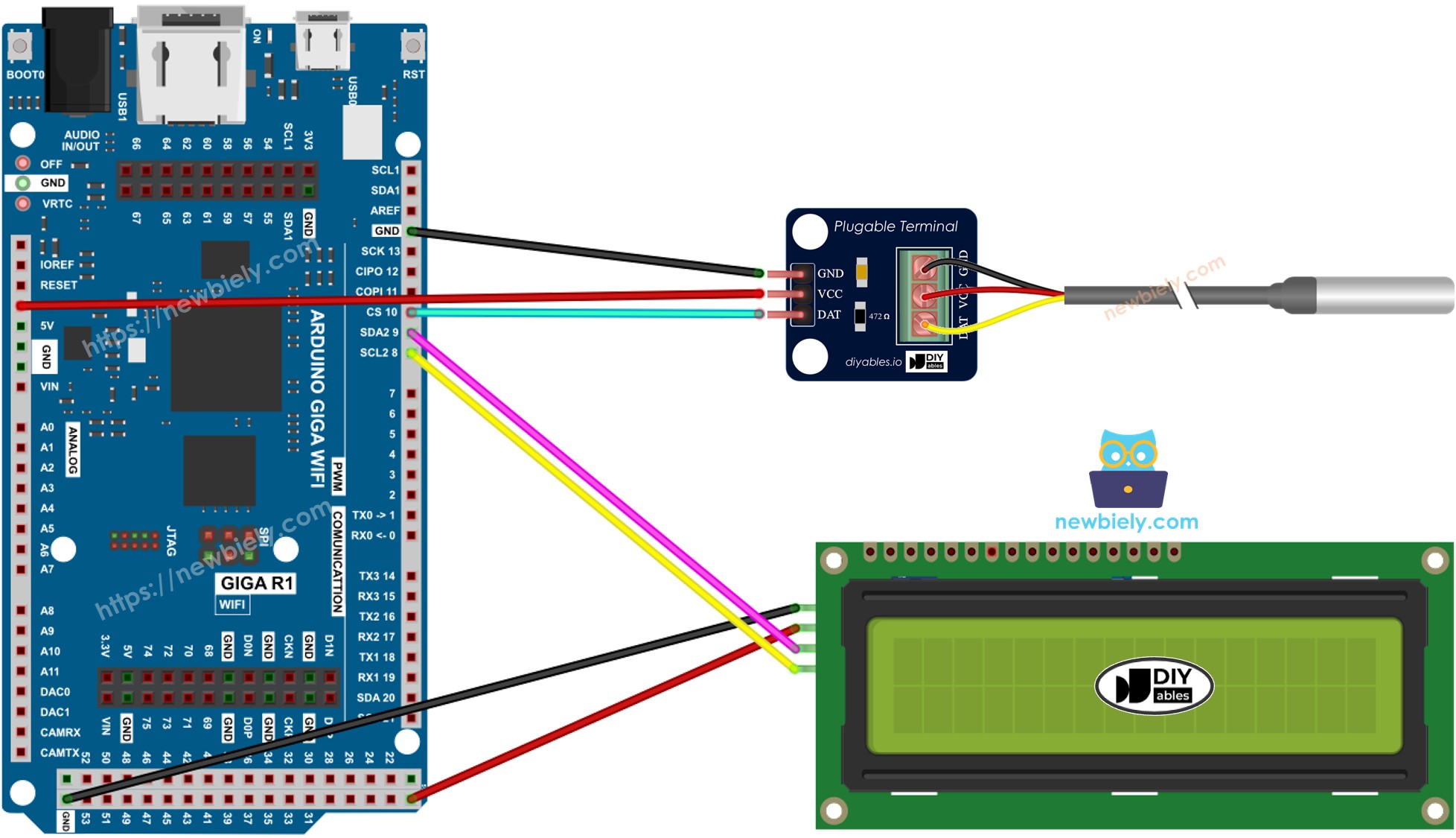 The wiring diagram between Arduino MicroPython Temperature Sensor LCD