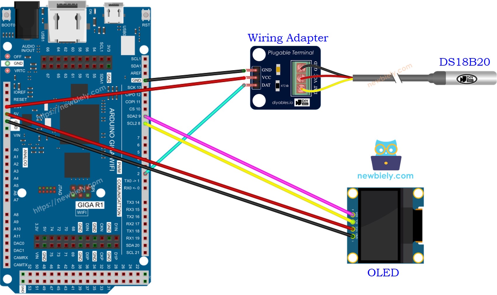 The wiring diagram between Arduino MicroPython Temperature Sensor OLED