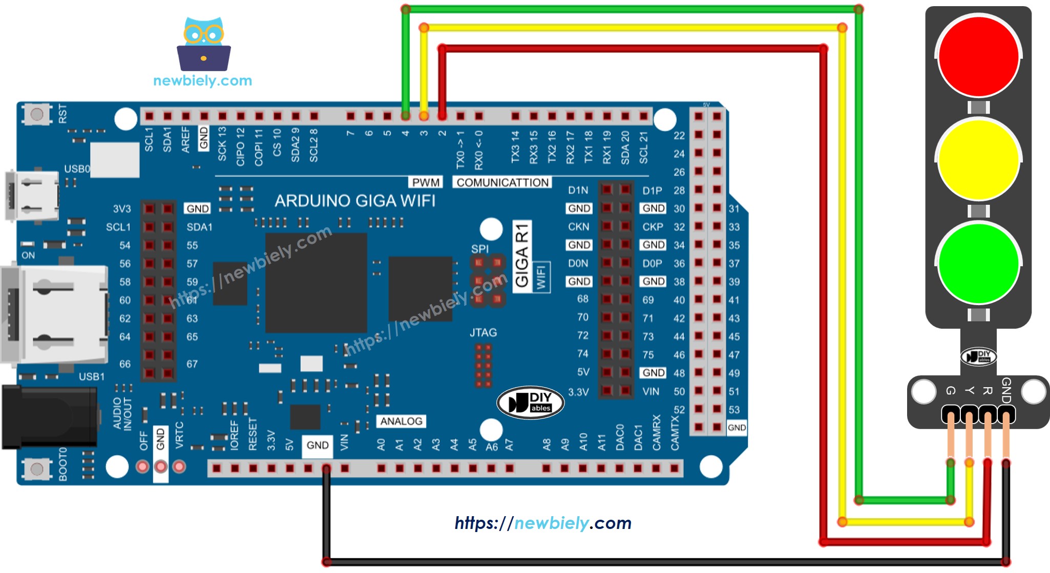 The wiring diagram between Arduino MicroPython traffic light