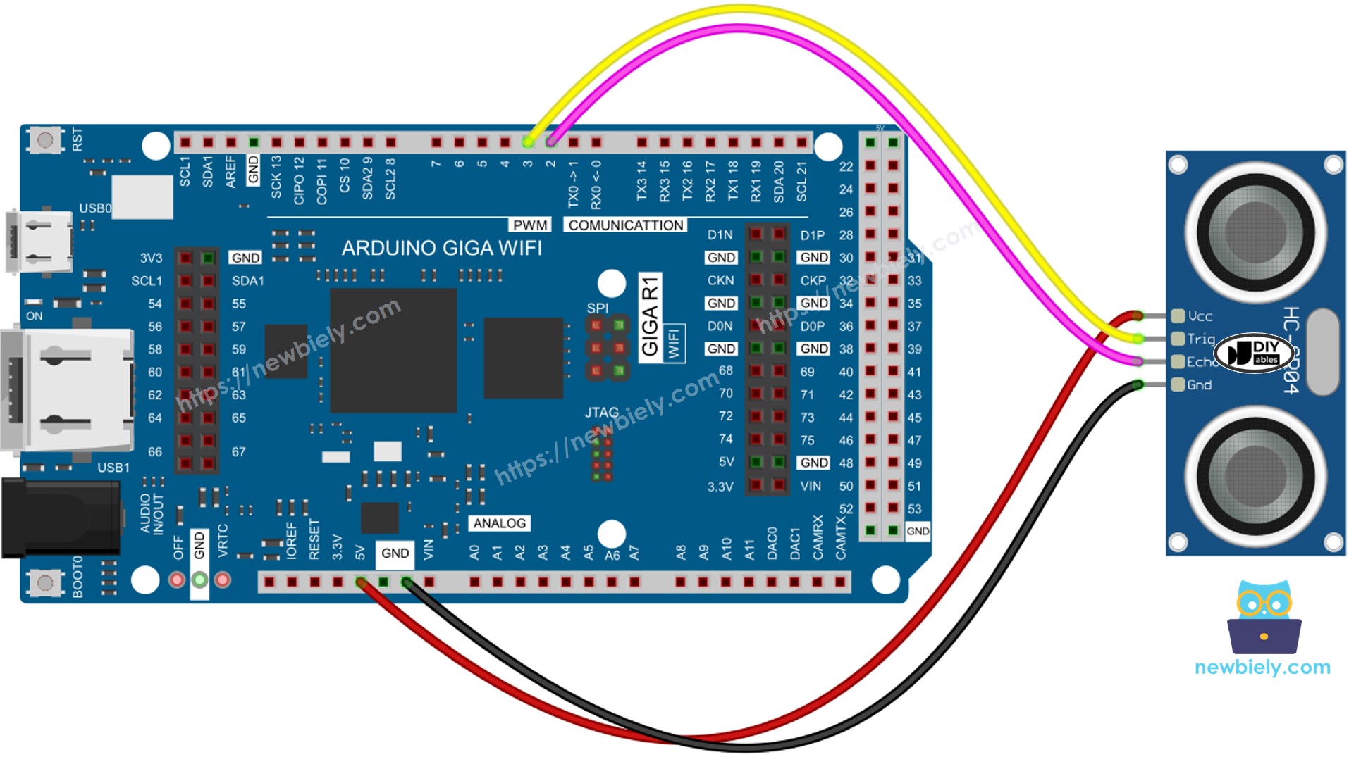 The wiring diagram between Arduino MicroPython Ultrasonic Sensor