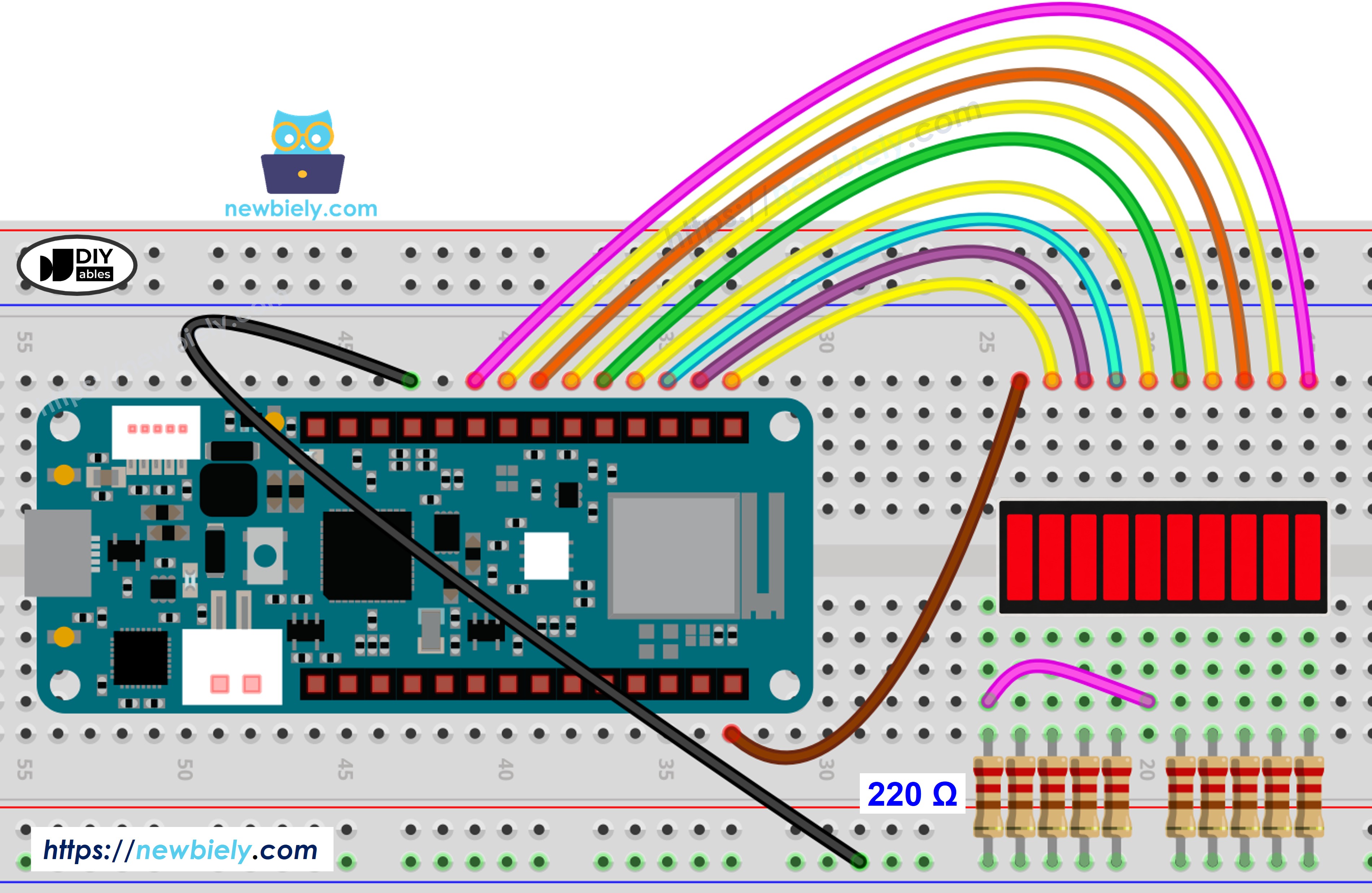 The wiring diagram between Arduino MKR WiFi 1010 LED Bar Graph