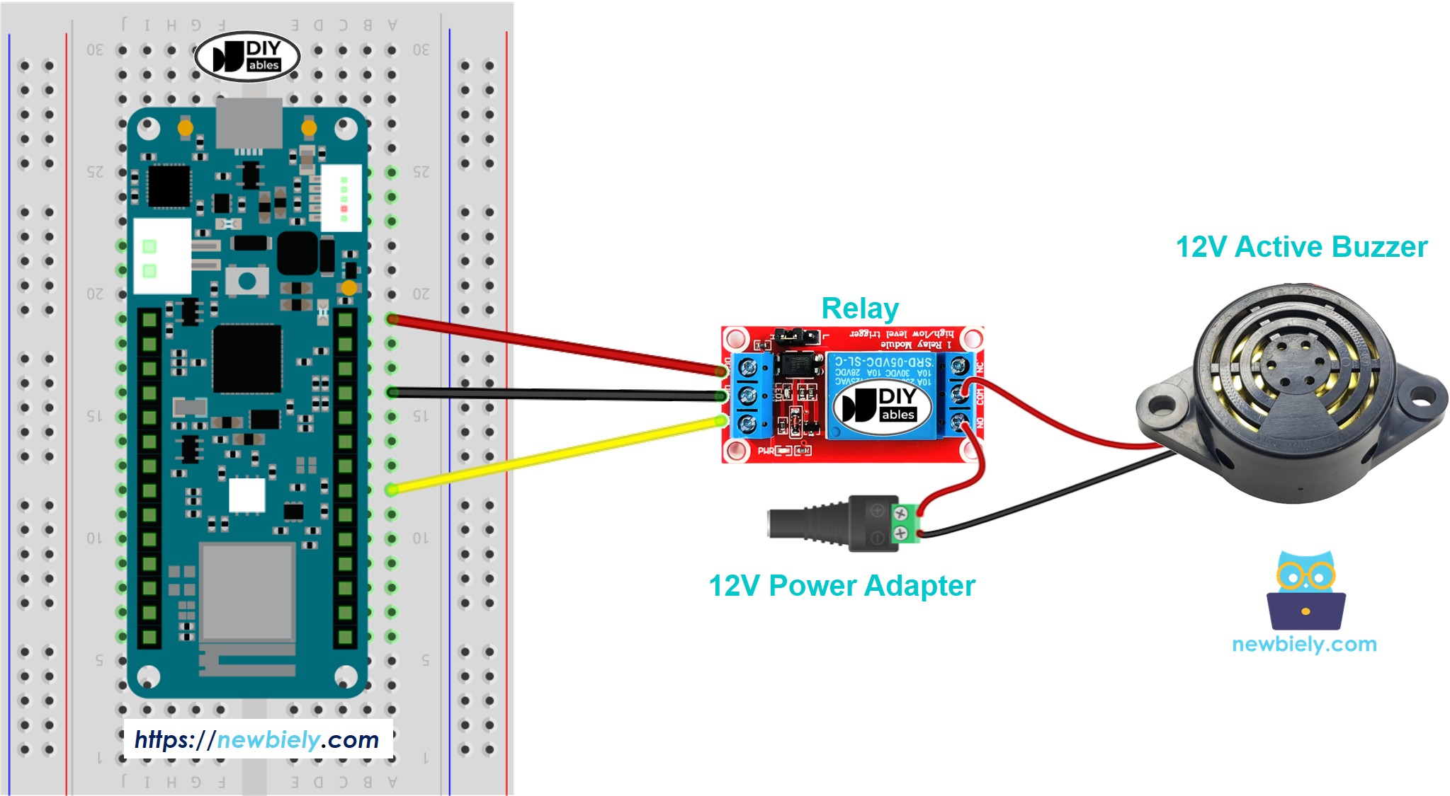 The wiring diagram between Arduino MKR WiFi 1010 12V Active Buzzer