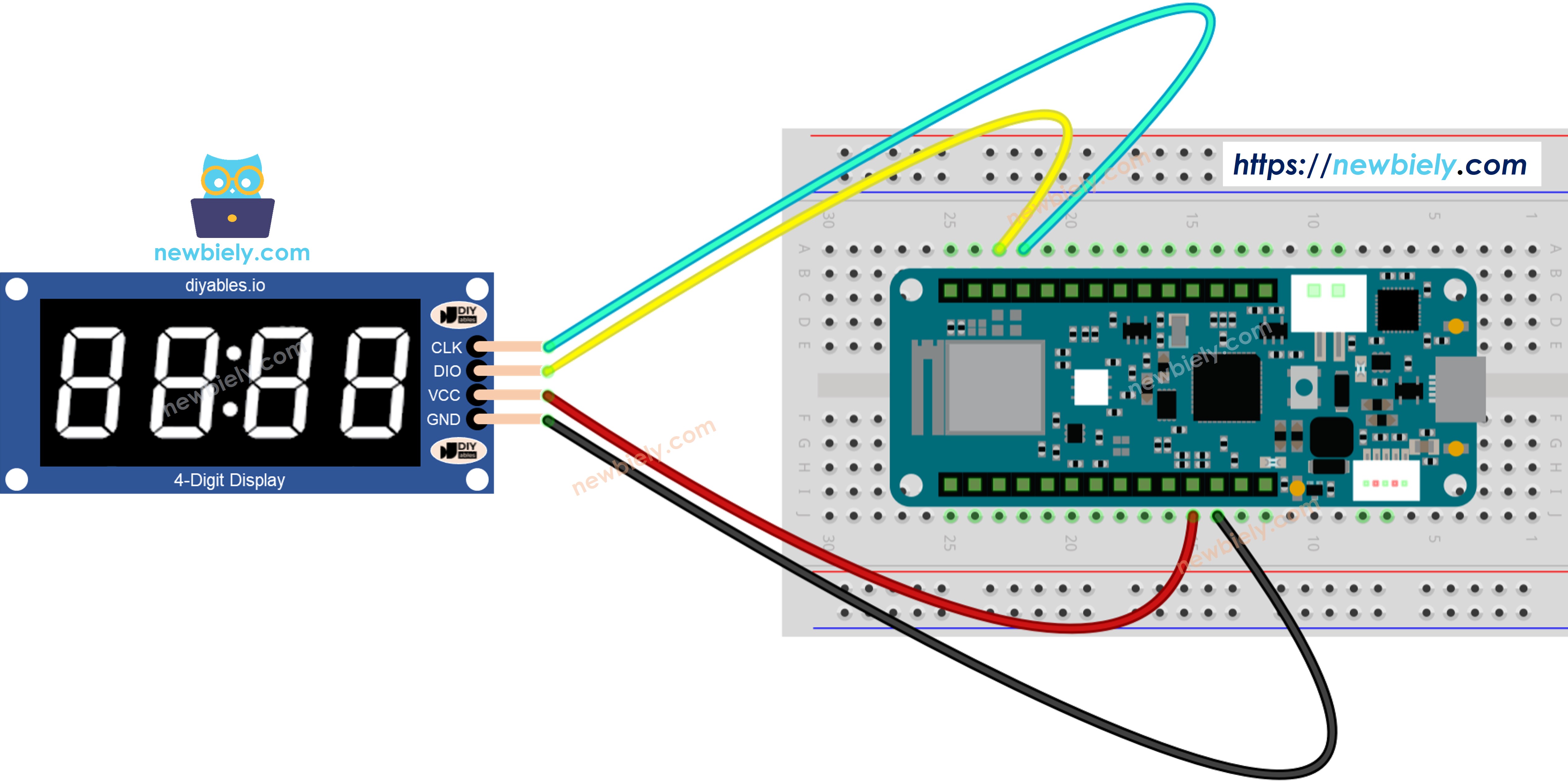 The wiring diagram between Arduino MKR WiFi 1010 TM1637 4-Digit 7-Segment Display