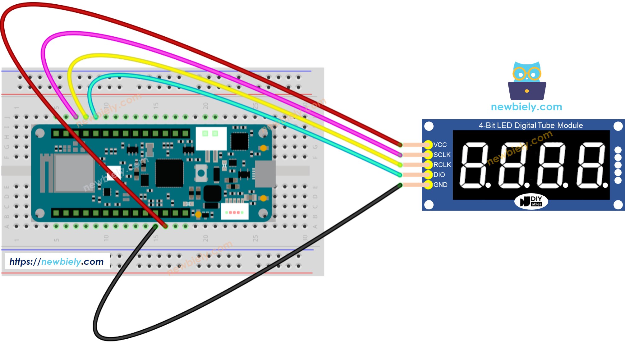 The wiring diagram between Arduino MKR WiFi 1010 74HC595 4-Digit 7-Segment Display