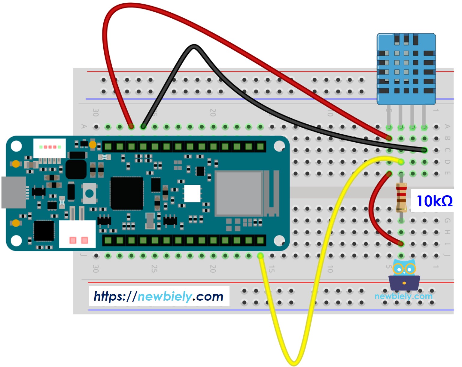 The wiring diagram between Arduino MKR WiFi 1010 DHT11 Temperature and humidity Sensor