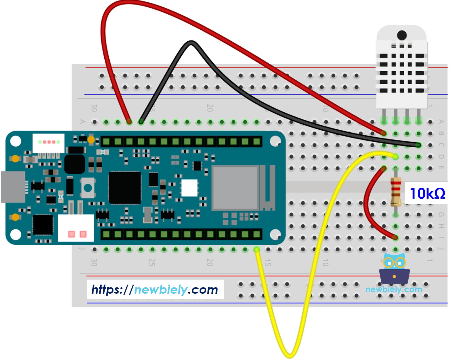 The wiring diagram between Arduino MKR WiFi 1010 DHT22 Temperature and humidity Sensor
