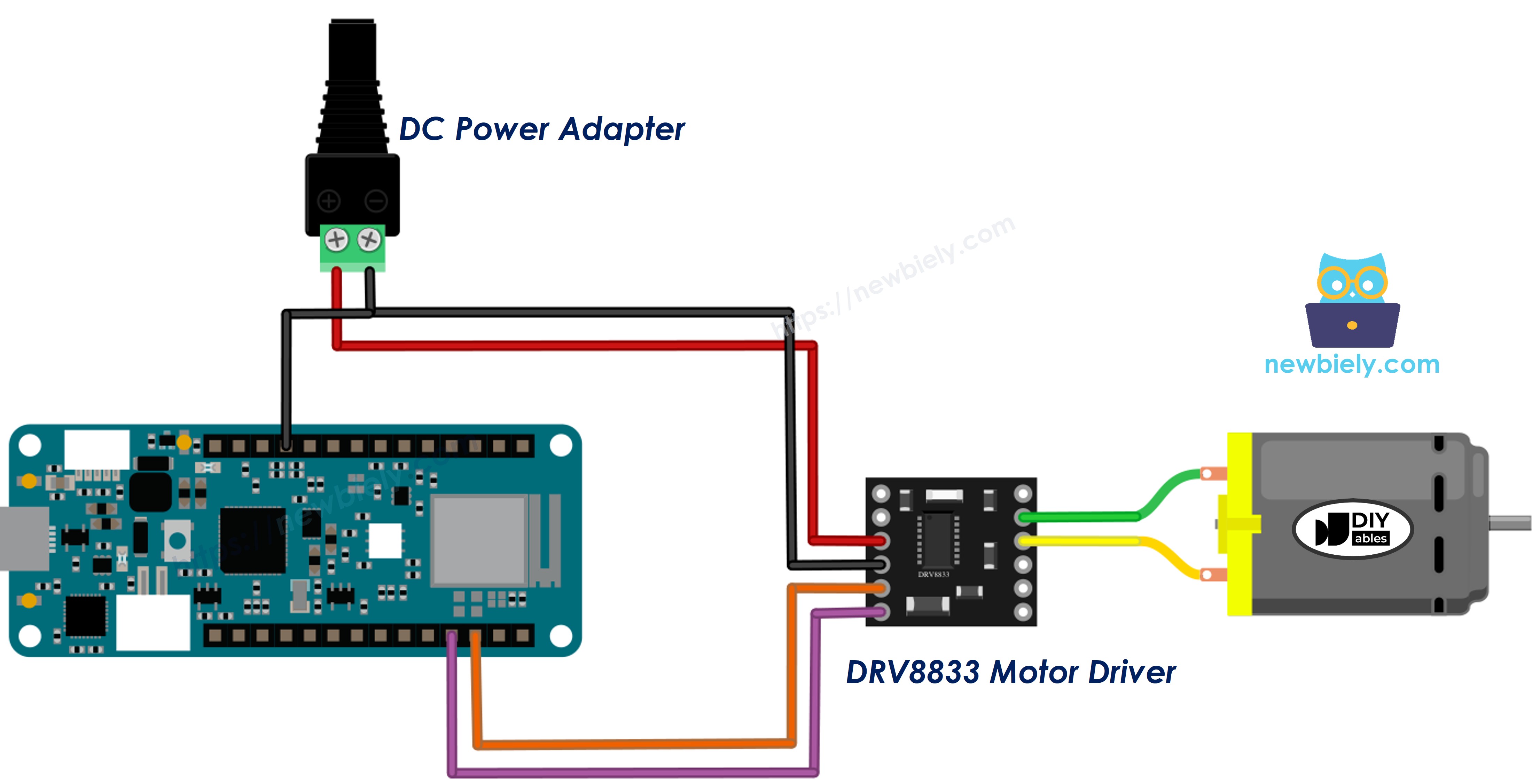 The wiring diagram between Arduino MKR WiFi 1010 DRV8833 one DC motor