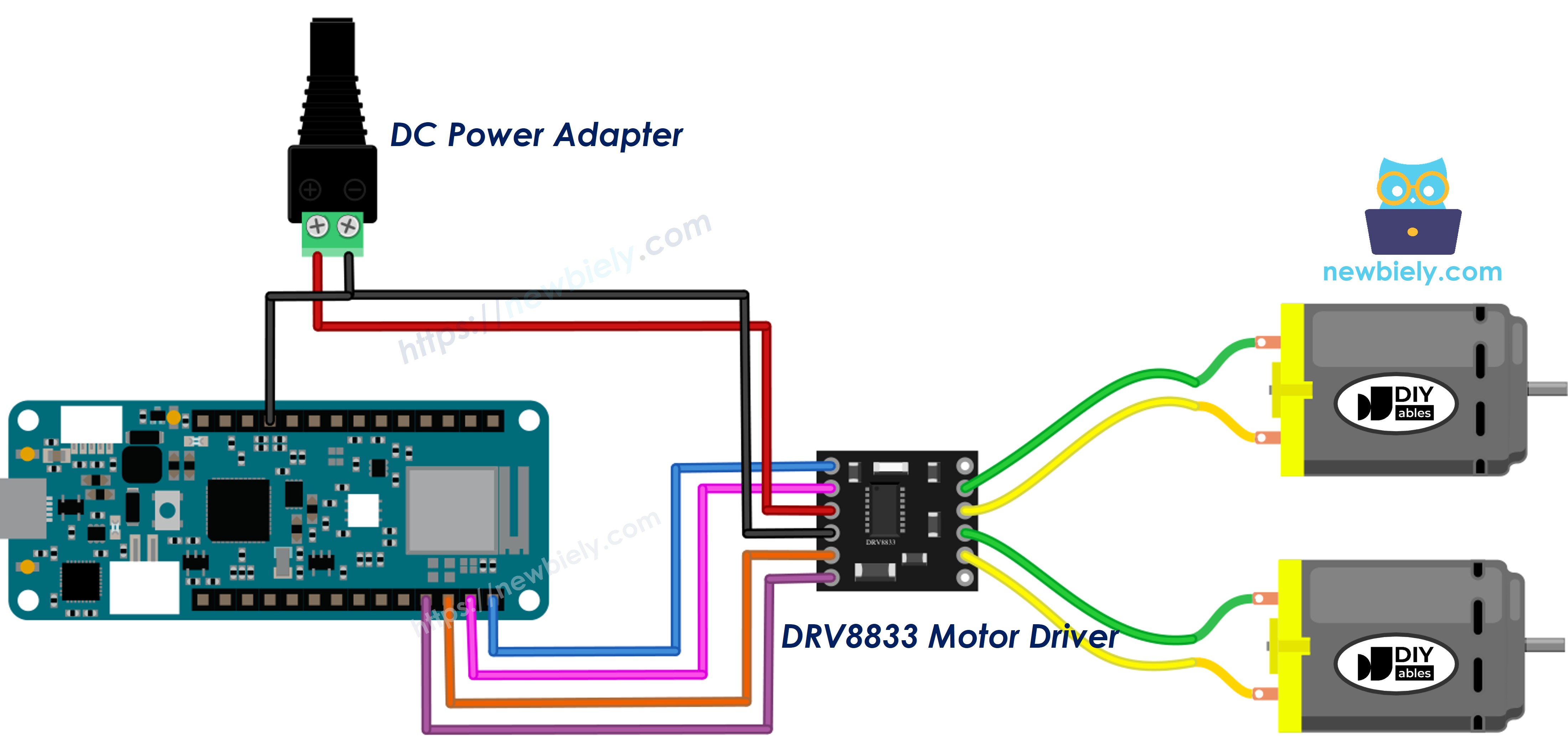 The wiring diagram between Arduino MKR WiFi 1010 DRV8833 two DC motors