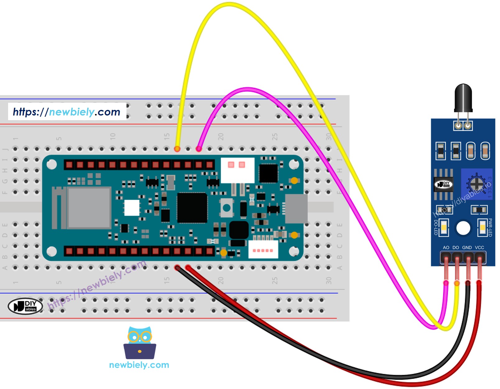 The wiring diagram between Arduino MKR WiFi 1010 infrared flame fire sensor