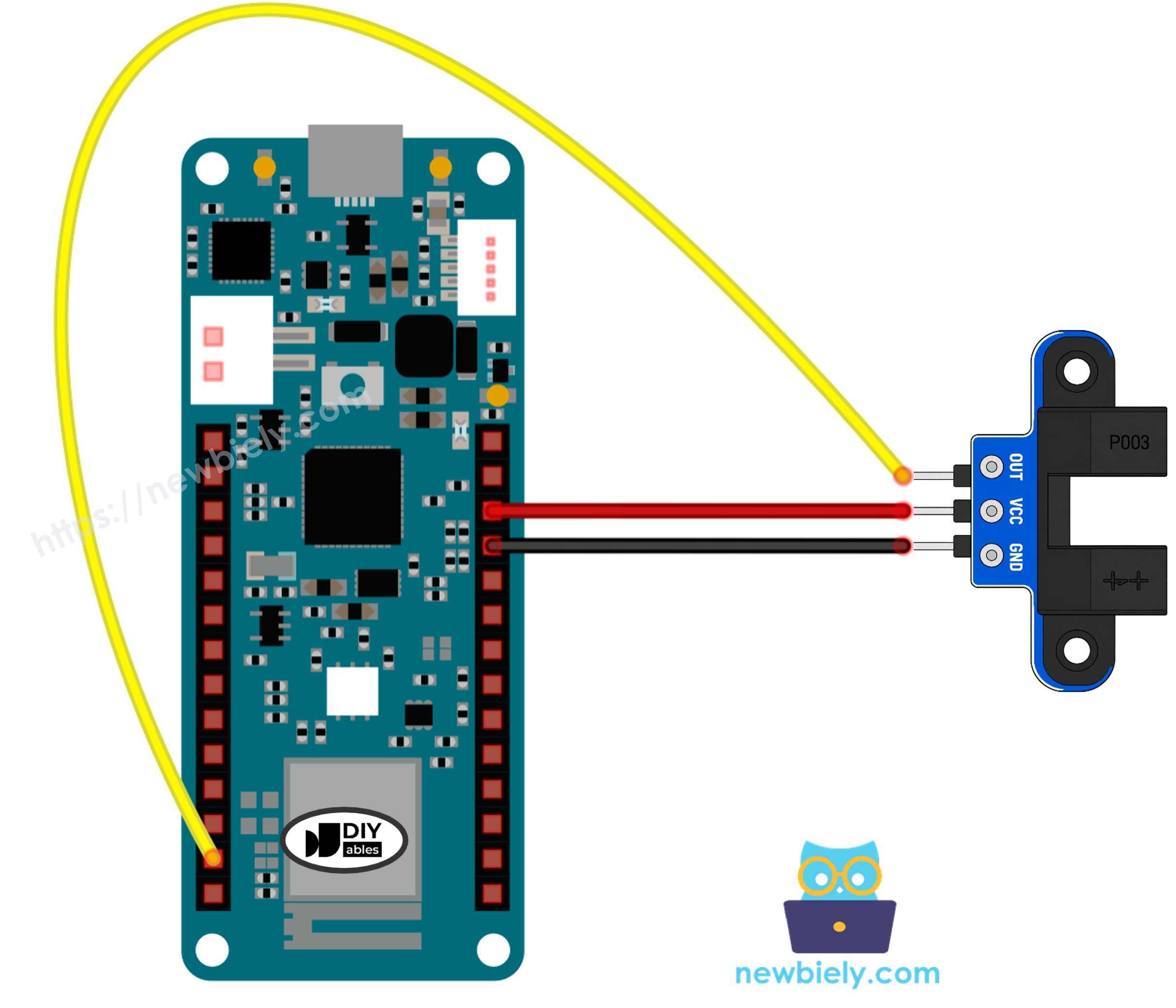 The wiring diagram between Arduino MKR WiFi 1010 IR Slotted Optical Speed Sensor
