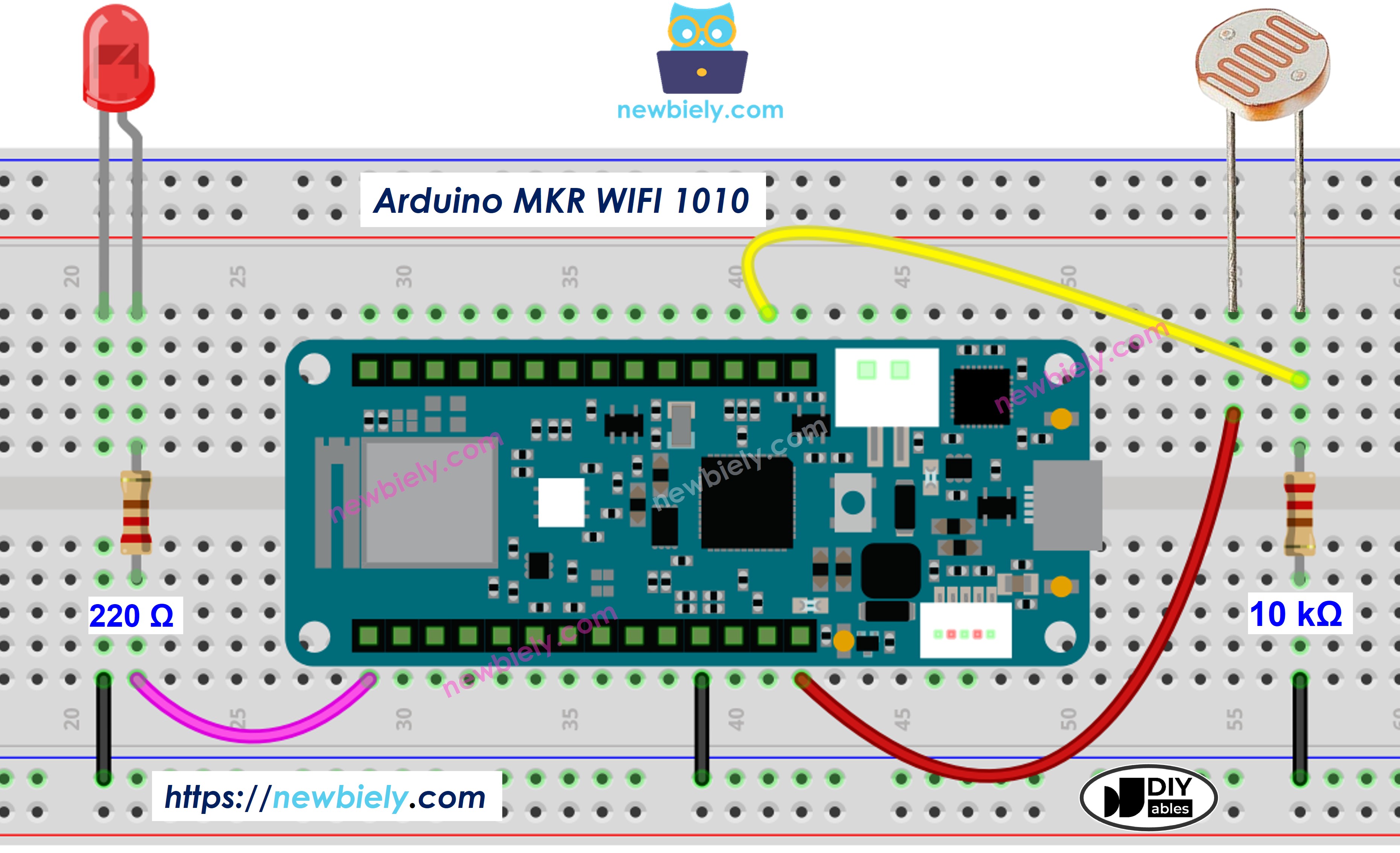 The wiring diagram between Arduino MKR WiFi 1010 Light Sensor LED