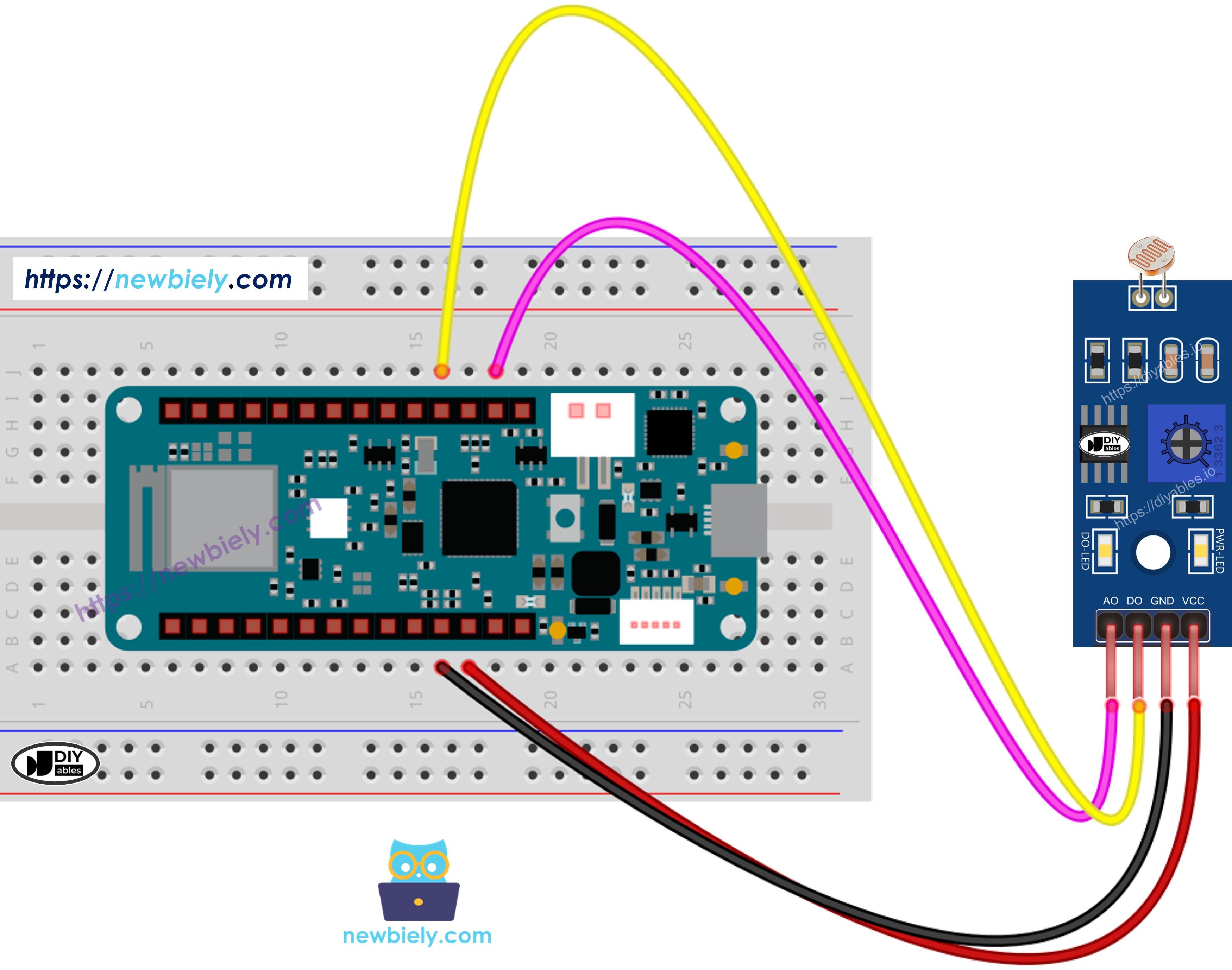 The wiring diagram between Arduino MKR WiFi 1010 Light Sensor Module