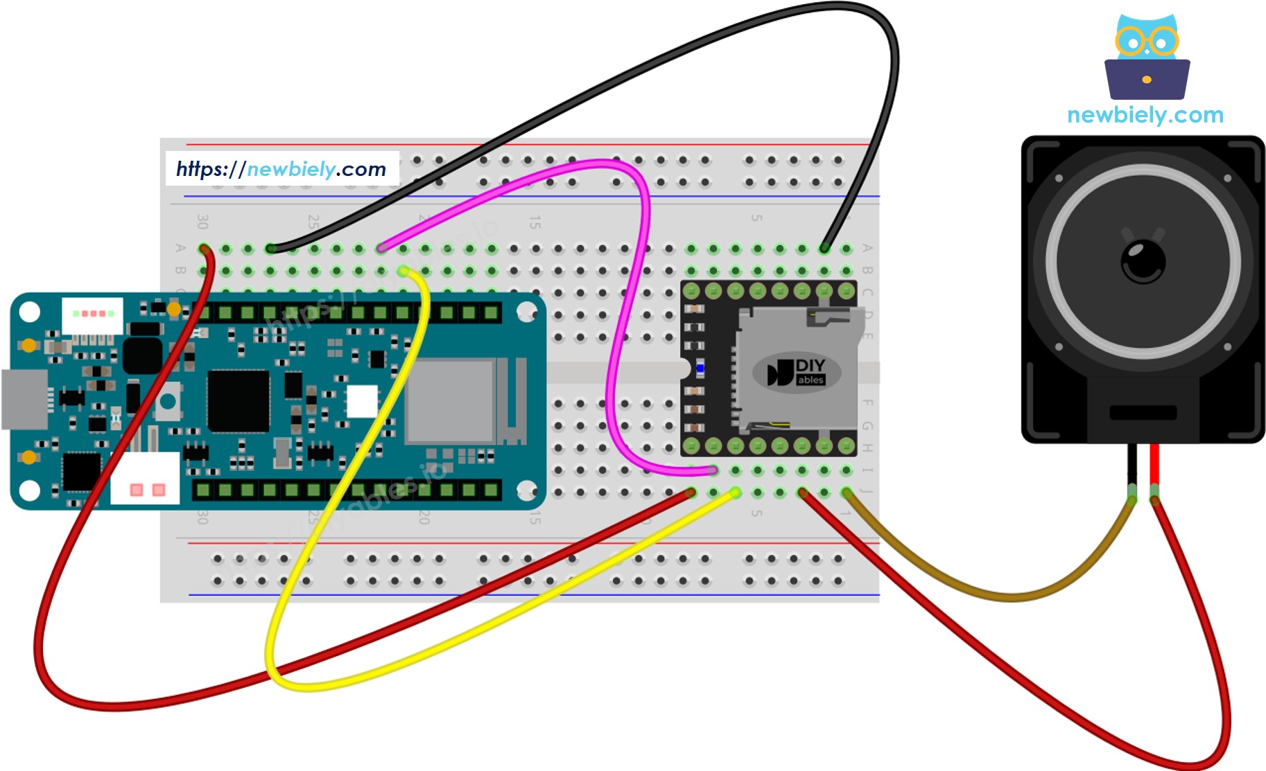 The wiring diagram between Arduino MKR WiFi 1010 Mini Mp3 Player