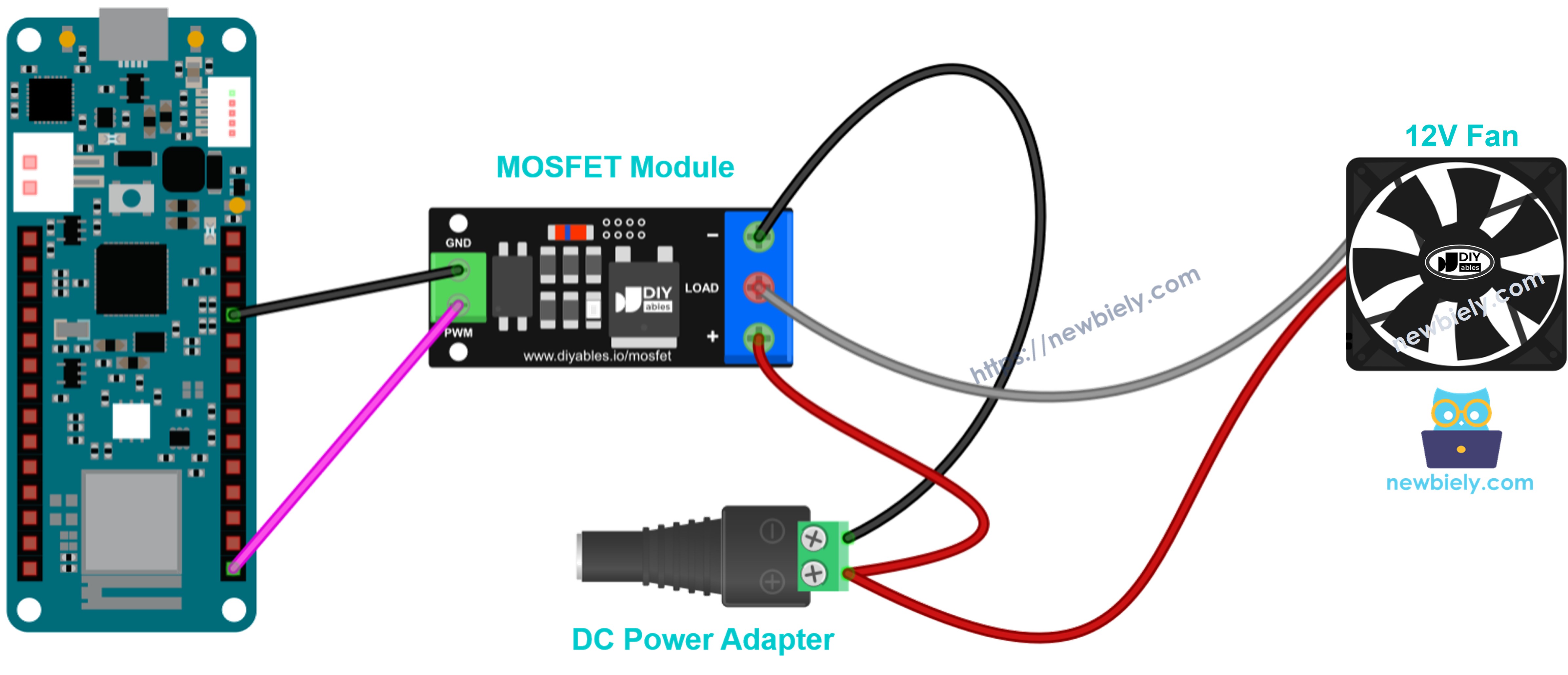 The wiring diagram between Arduino MKR MOSFET module cooling fan