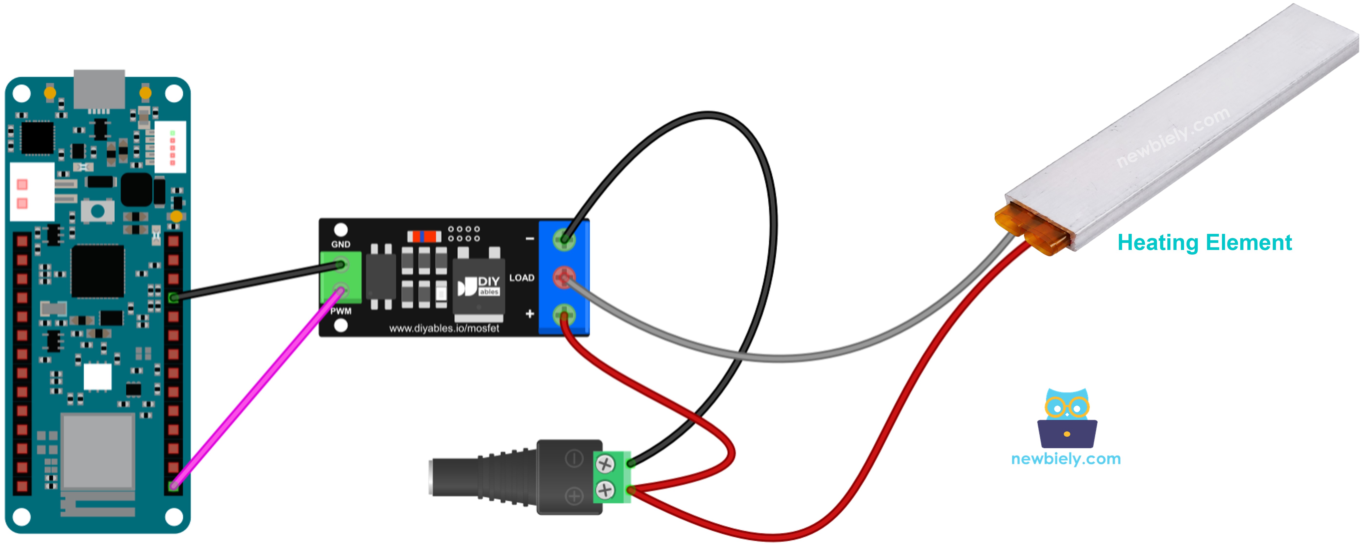 The wiring diagram between Arduino MKR WiFi 1010 heating element MOSFET module