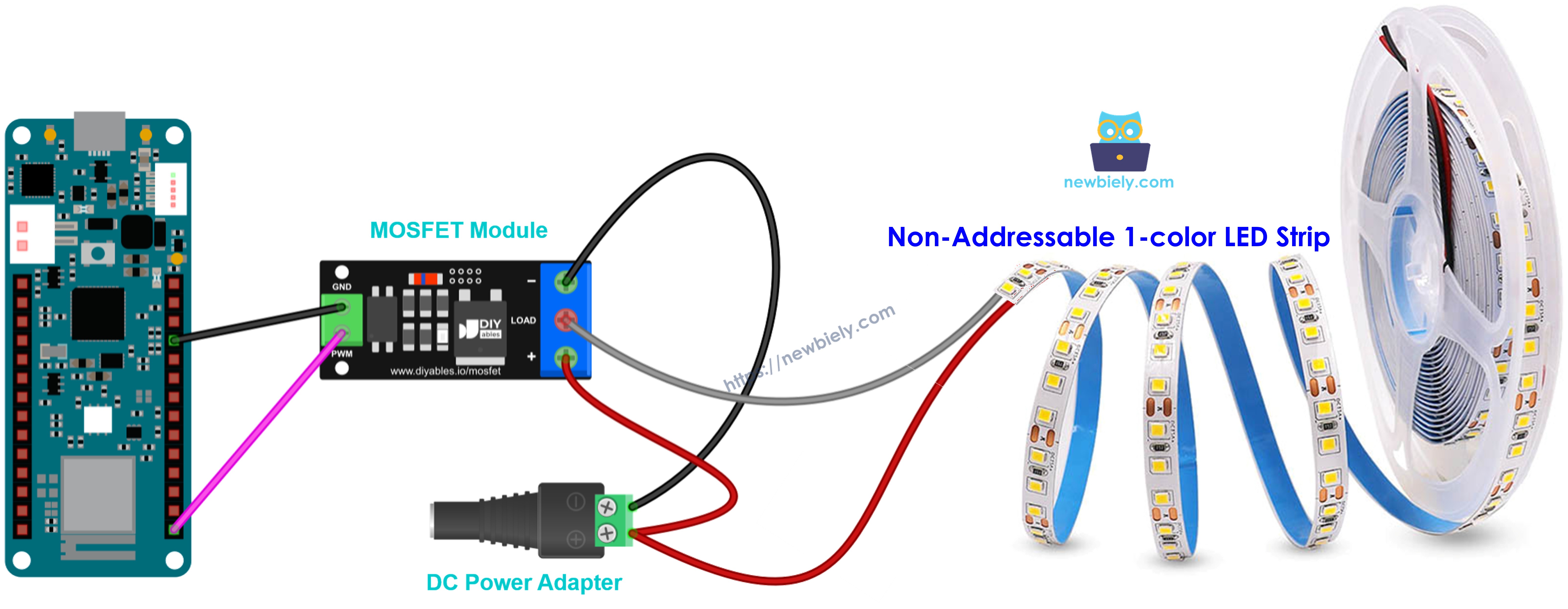 12V single-color LED strip wiring with the MOSFET module