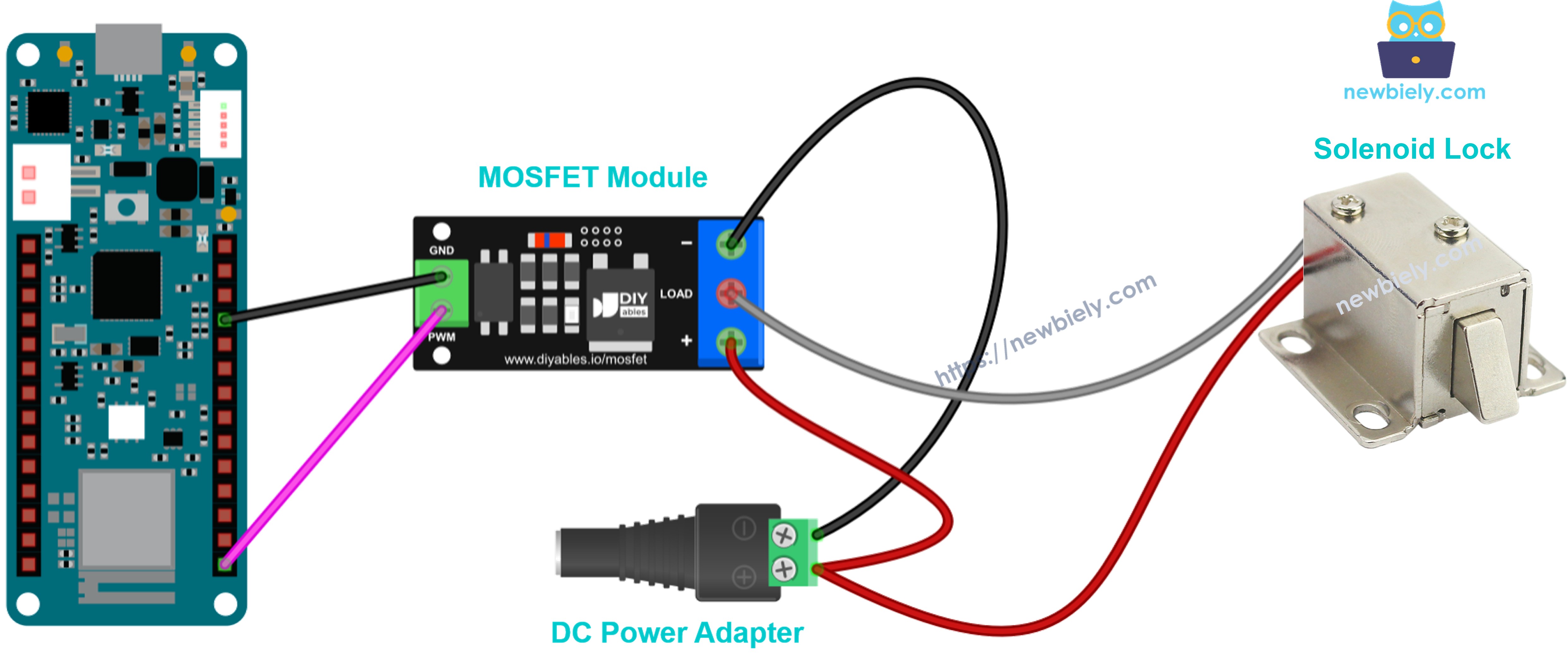 The wiring diagram between Solenoid lock 12V for the MOSFET module