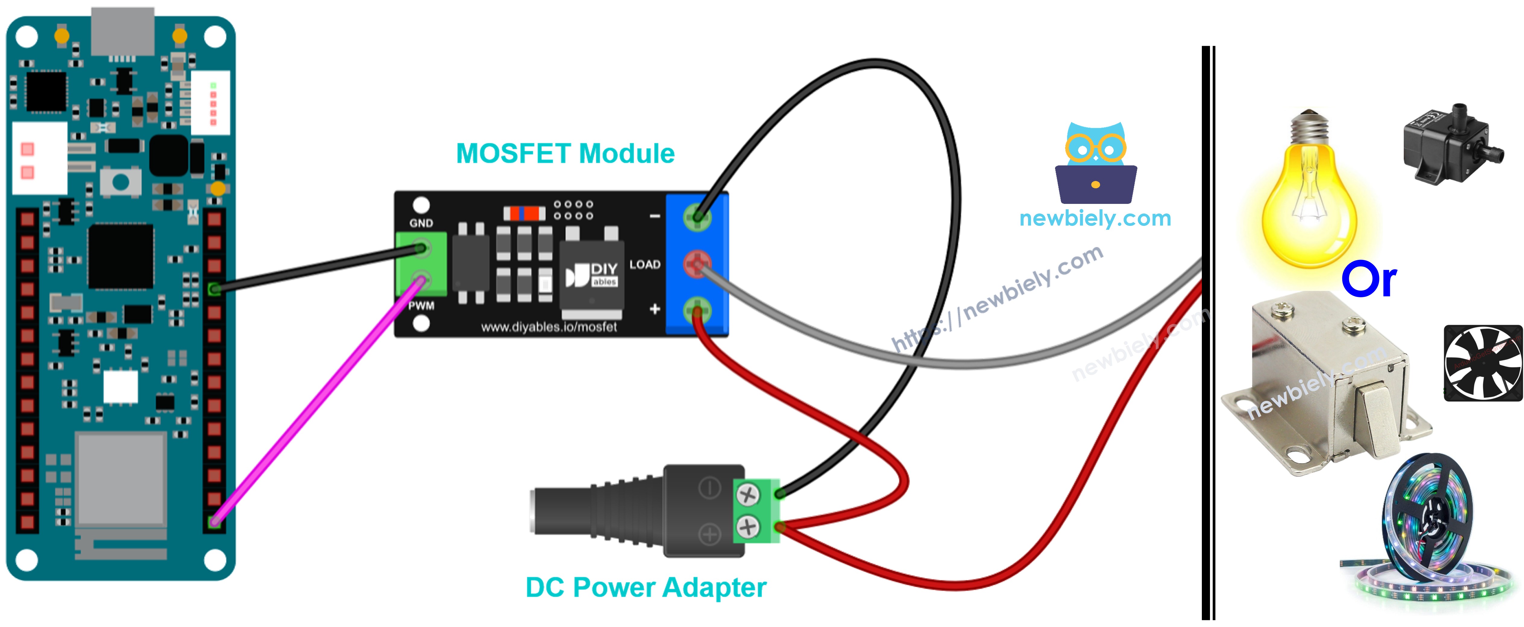 The wiring diagram between Arduino MKR WiFi 1010 with AOD4184, LR7843 or FR120N MOSFET Module