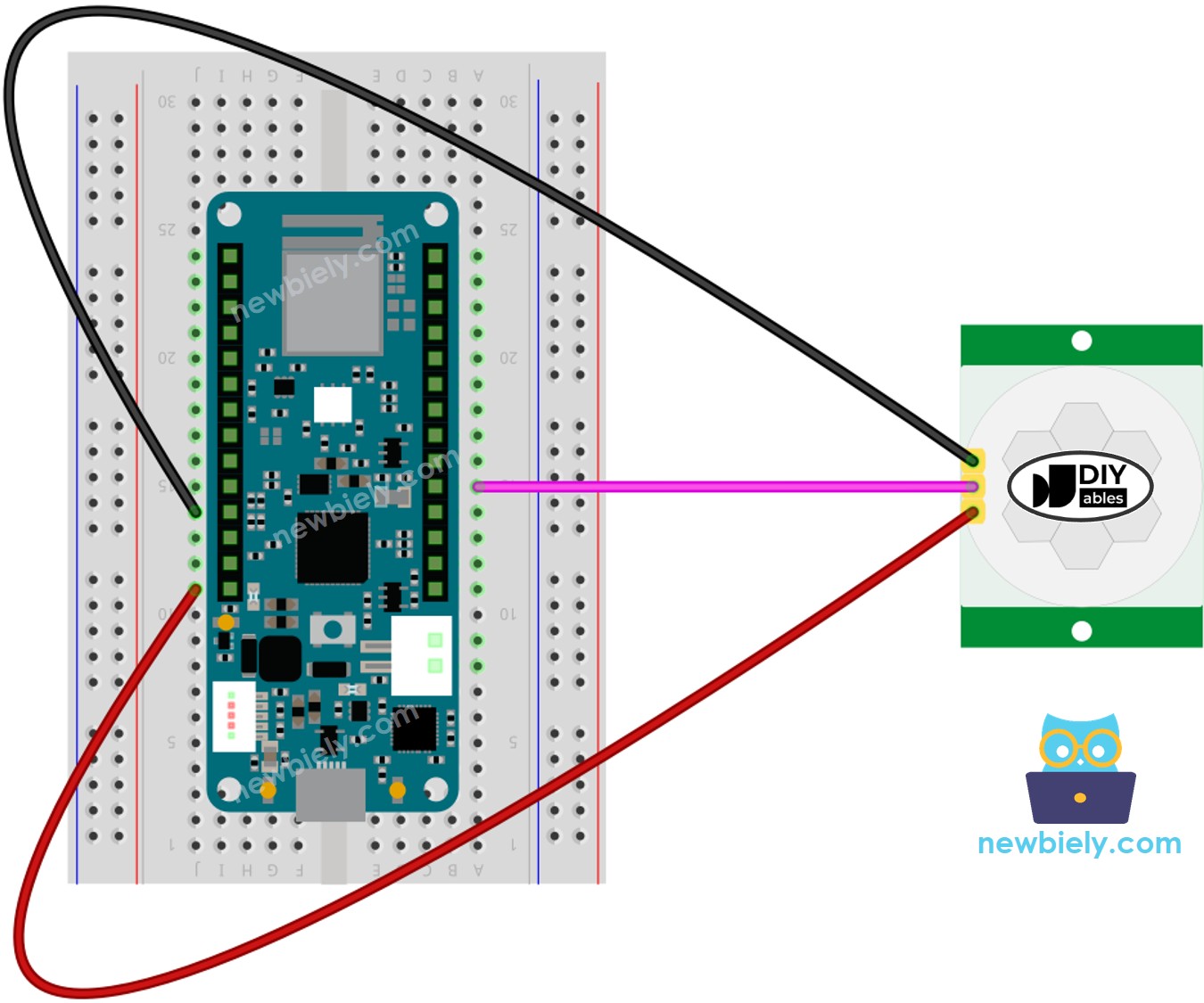 The wiring diagram between Arduino MKR WiFi 1010 Motion Sensor