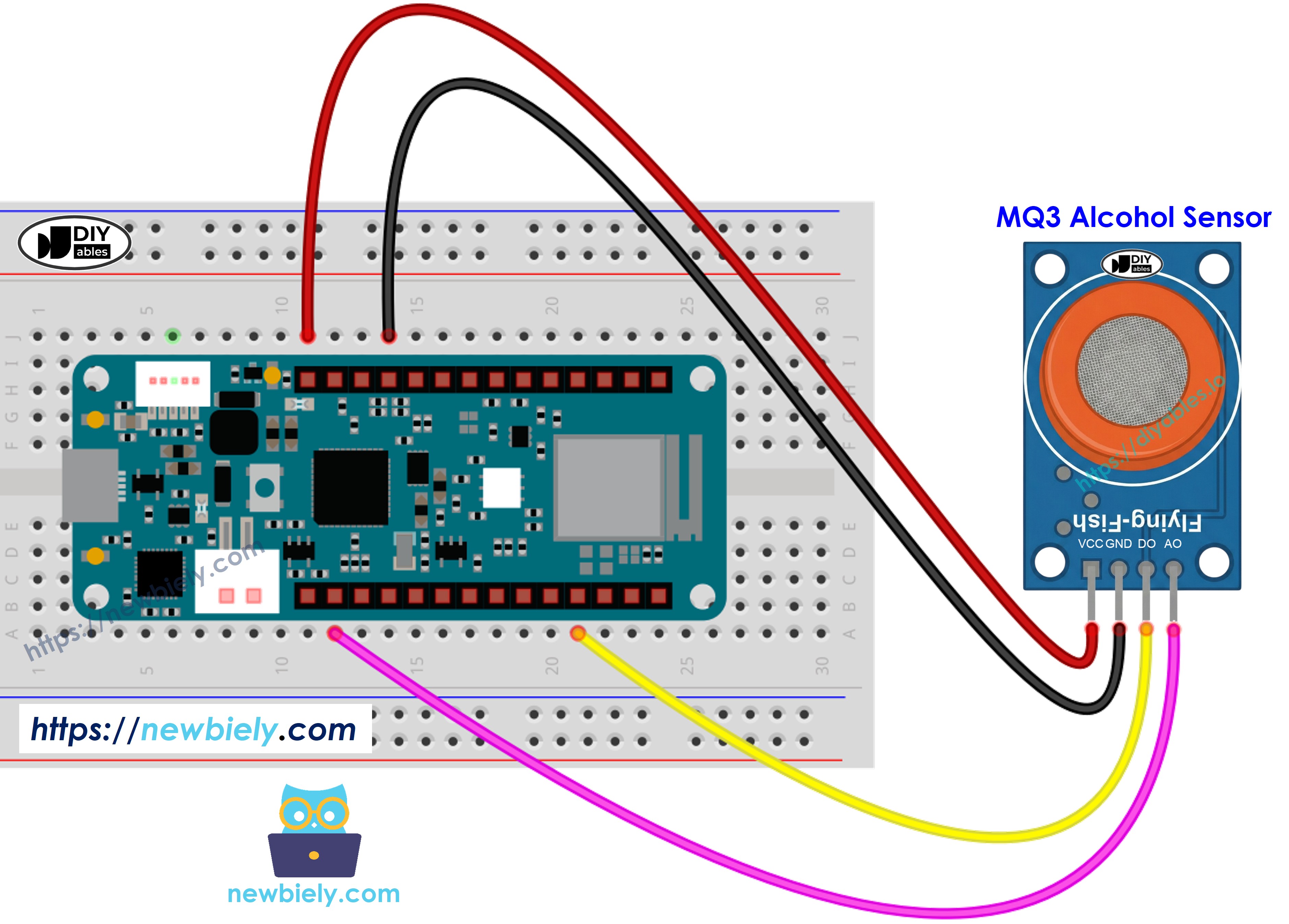 The wiring diagram between Arduino MKR WiFi 1010 and MQ3 alcohol sensor showing pin connections