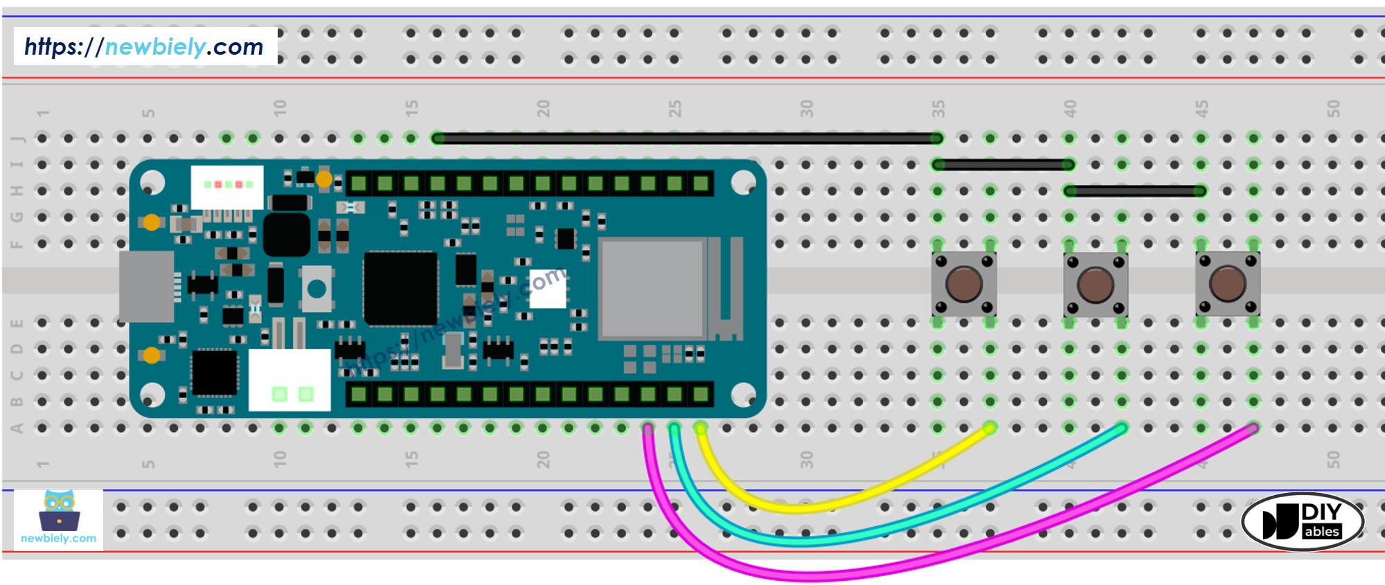 The wiring diagram between Arduino MKR WiFi 1010 Button Library