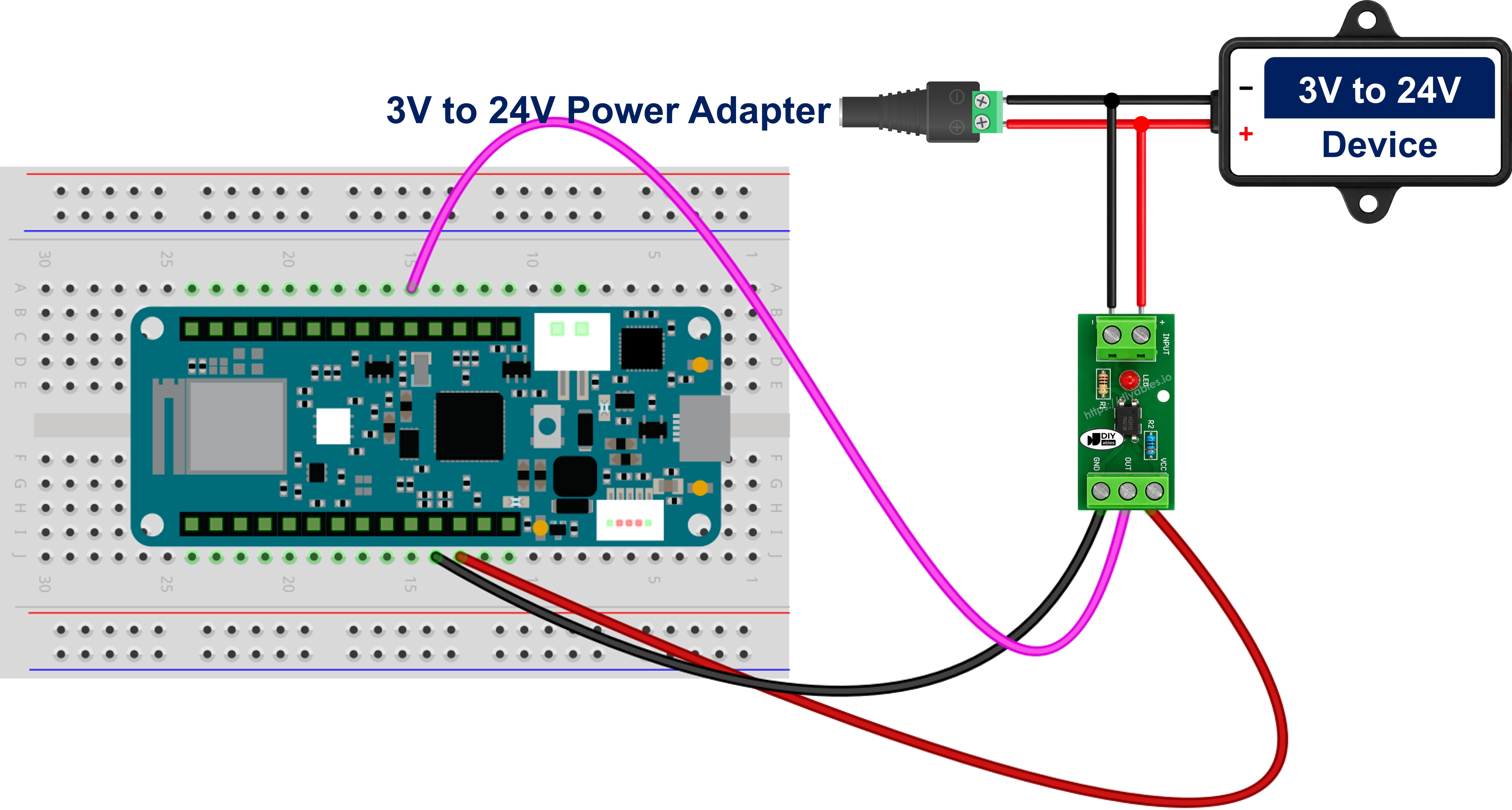 The wiring diagram between Arduino MKR WiFi 1010 PC817 optocoupler isolation module