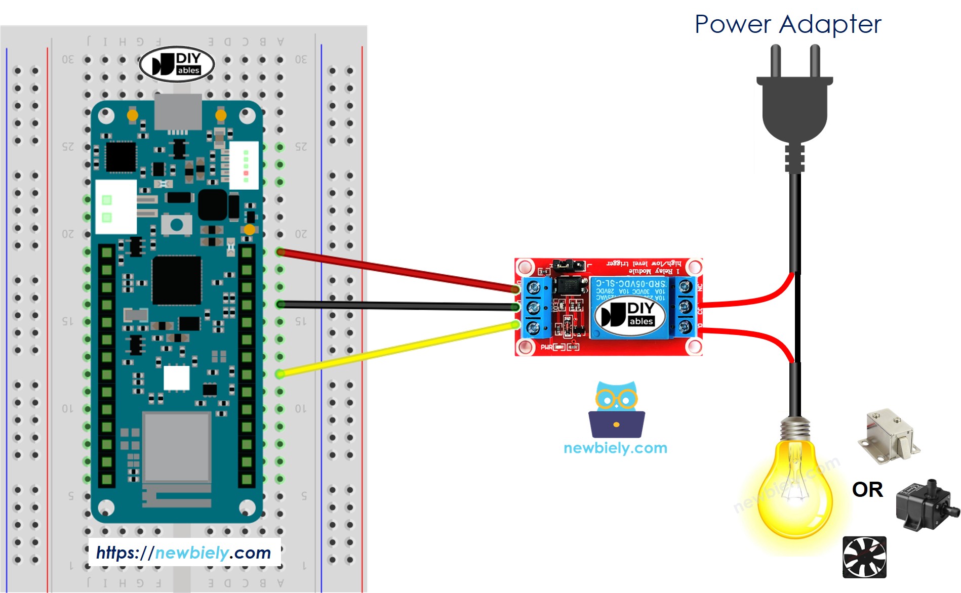 The wiring diagram between Arduino MKR WiFi 1010 Relay