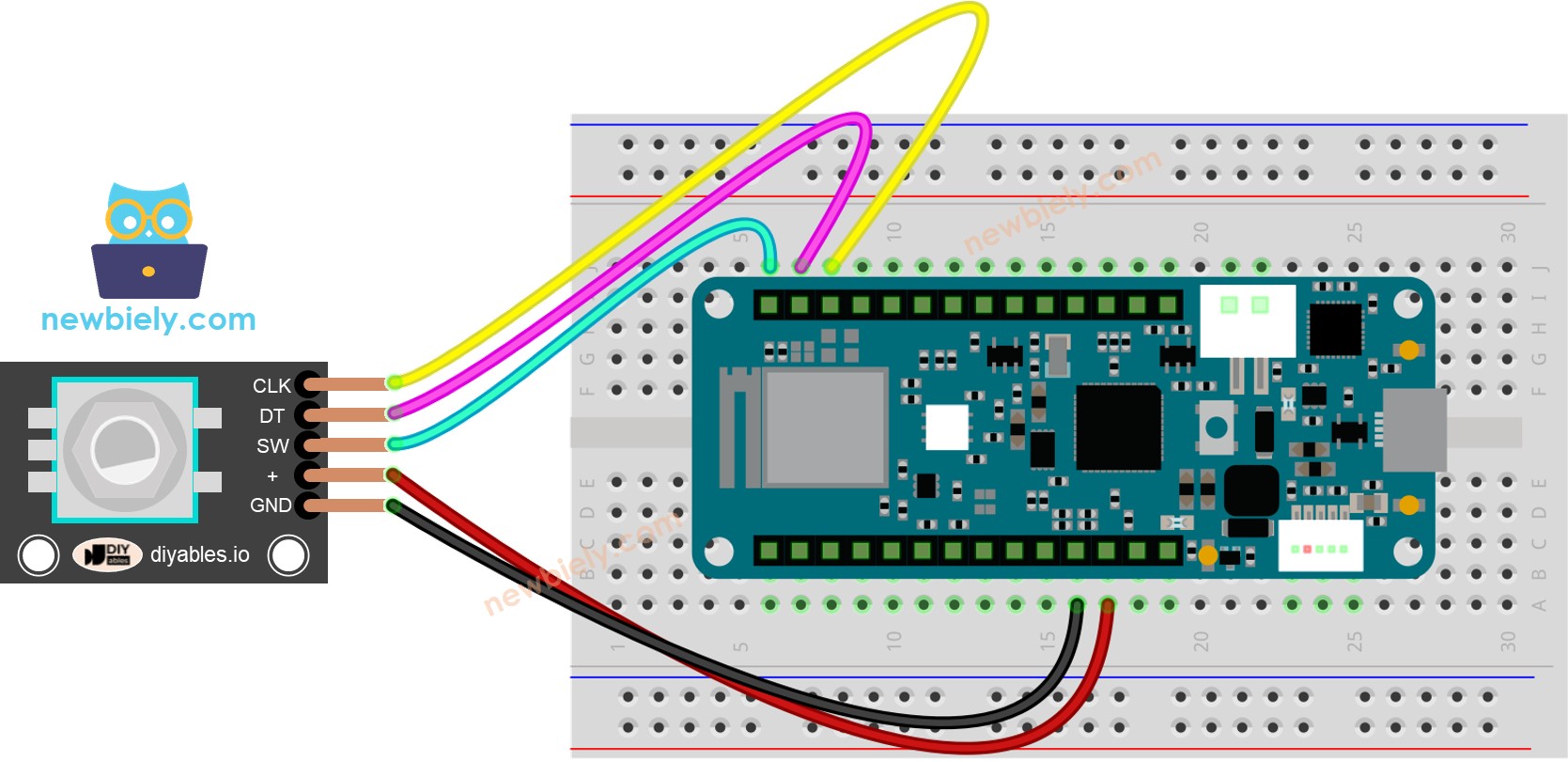 The wiring diagram between Arduino MKR WiFi 1010 rotary encoder