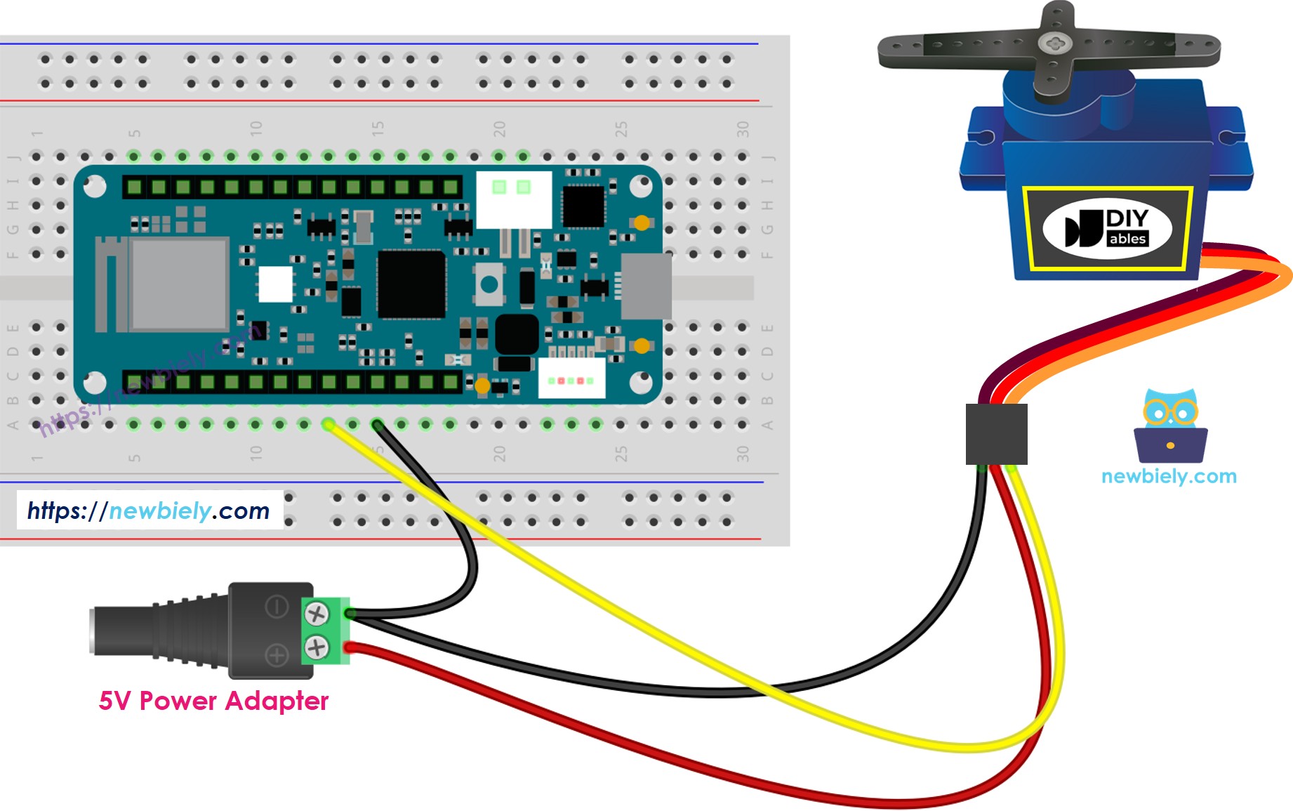 The wiring diagram between Arduino MKR WiFi 1010 servo motor external power supply