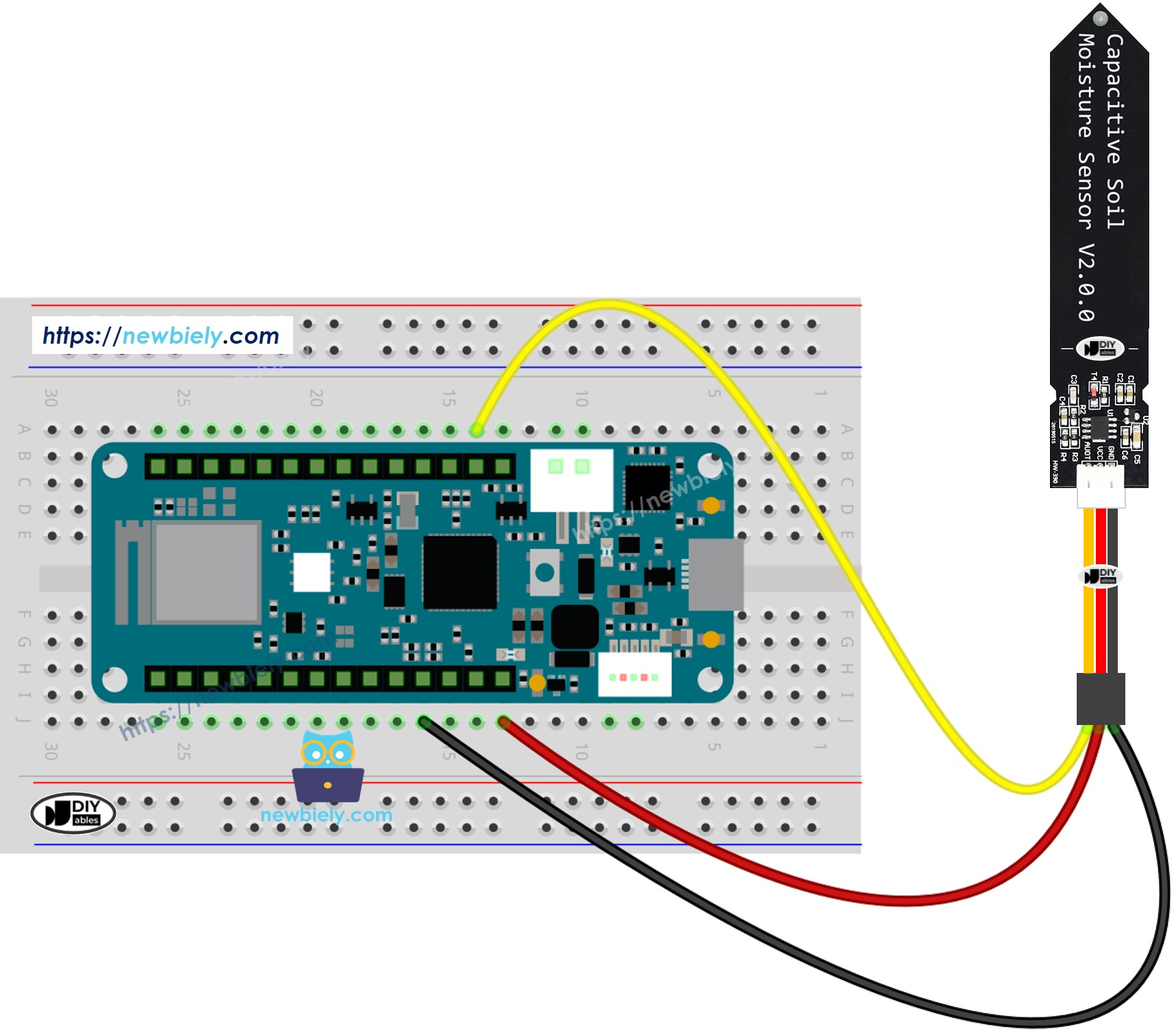 The wiring diagram between Arduino MKR WiFi 1010 soil moisture sensor