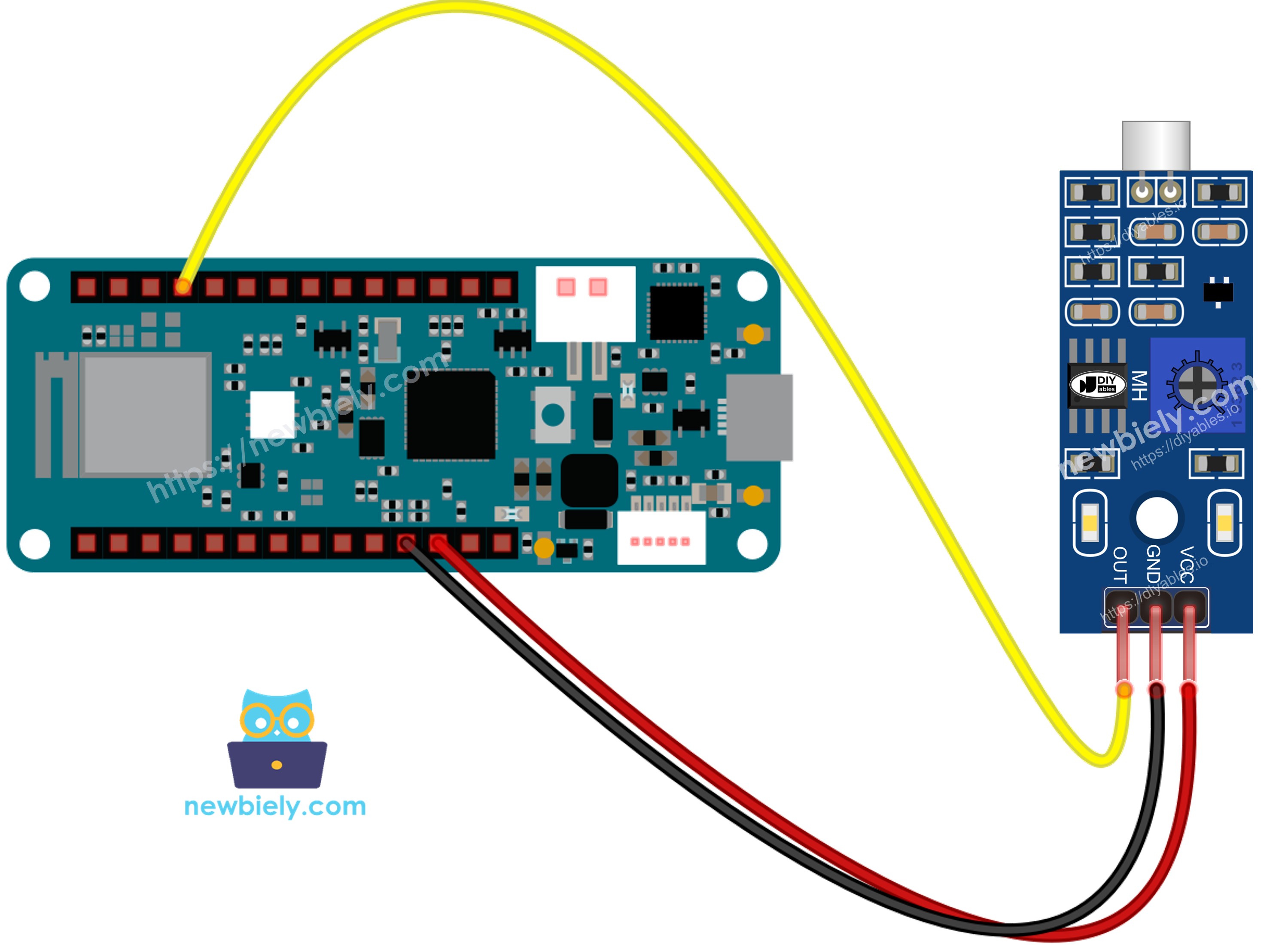 The wiring diagram between Arduino MKR WiFi 1010 Sound Sensor
