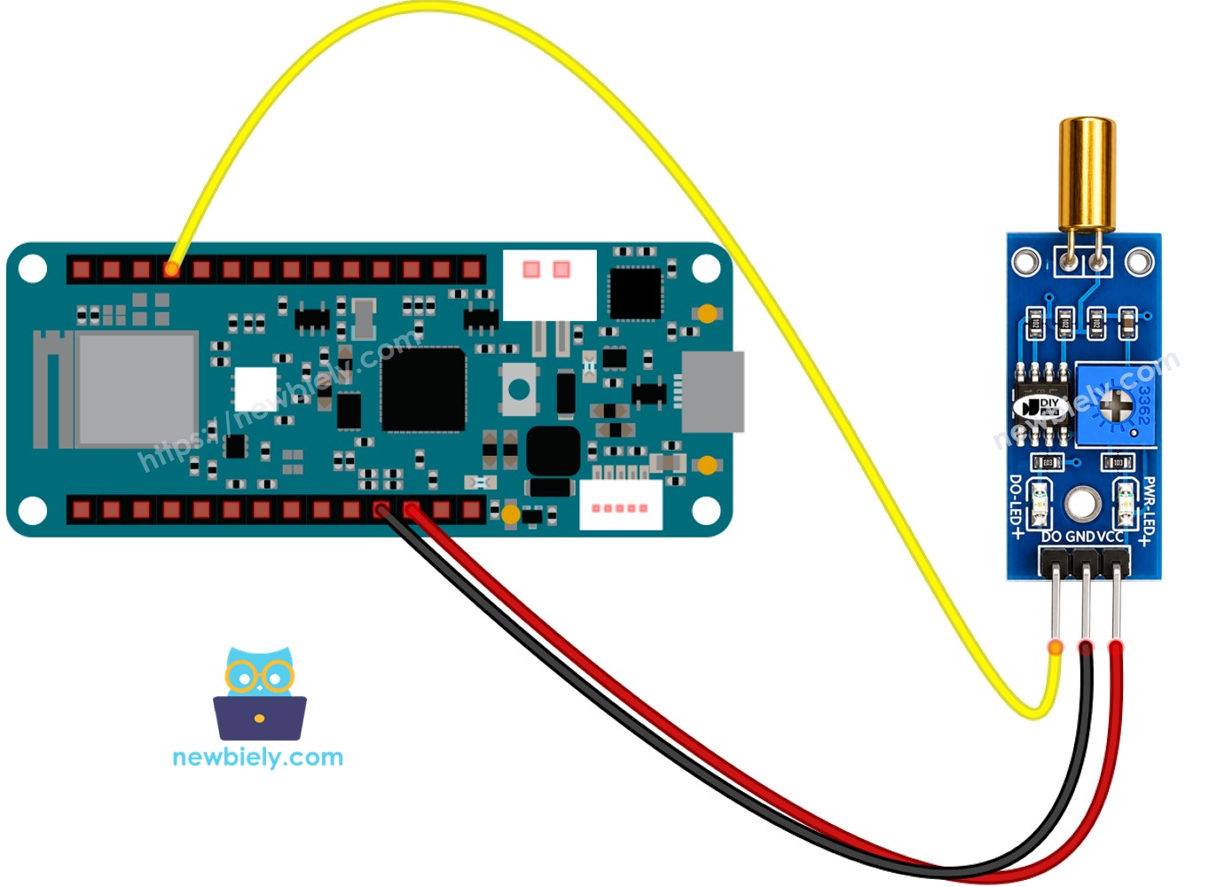 The wiring diagram between Arduino MKR WiFi 1010 SW520D Tilt Sensor