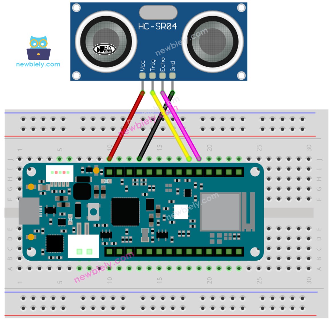 The wiring diagram between Arduino MKR WiFi 1010 ultrasonic sensor