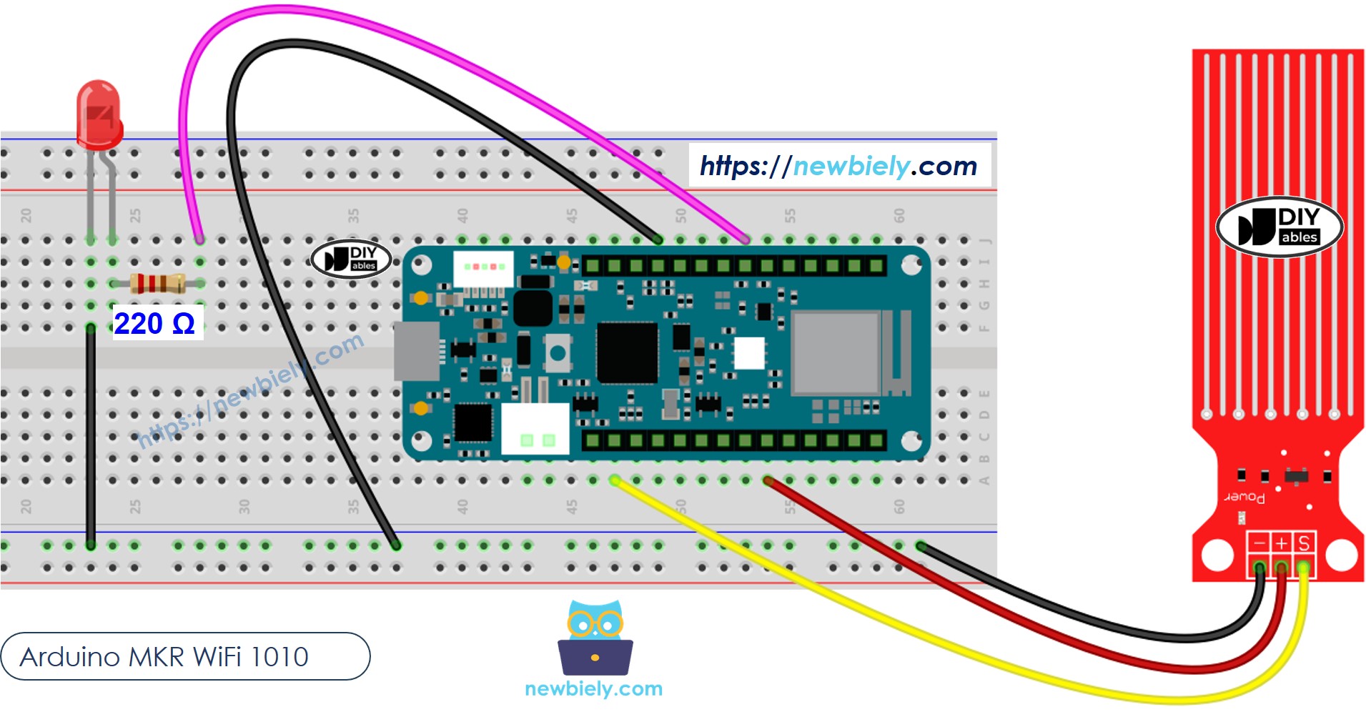 The wiring diagram between Arduino MKR WiFi 1010 Water Sensor LED