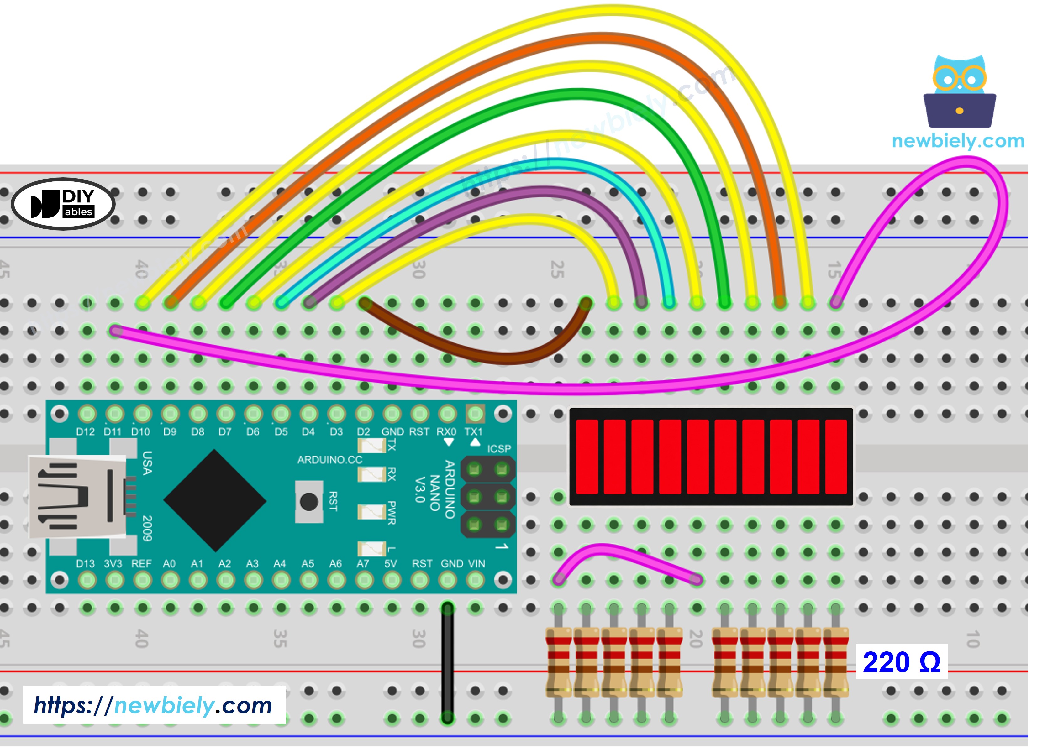 The wiring diagram between Arduino Nano and and 10 Segment LED Bar Graph