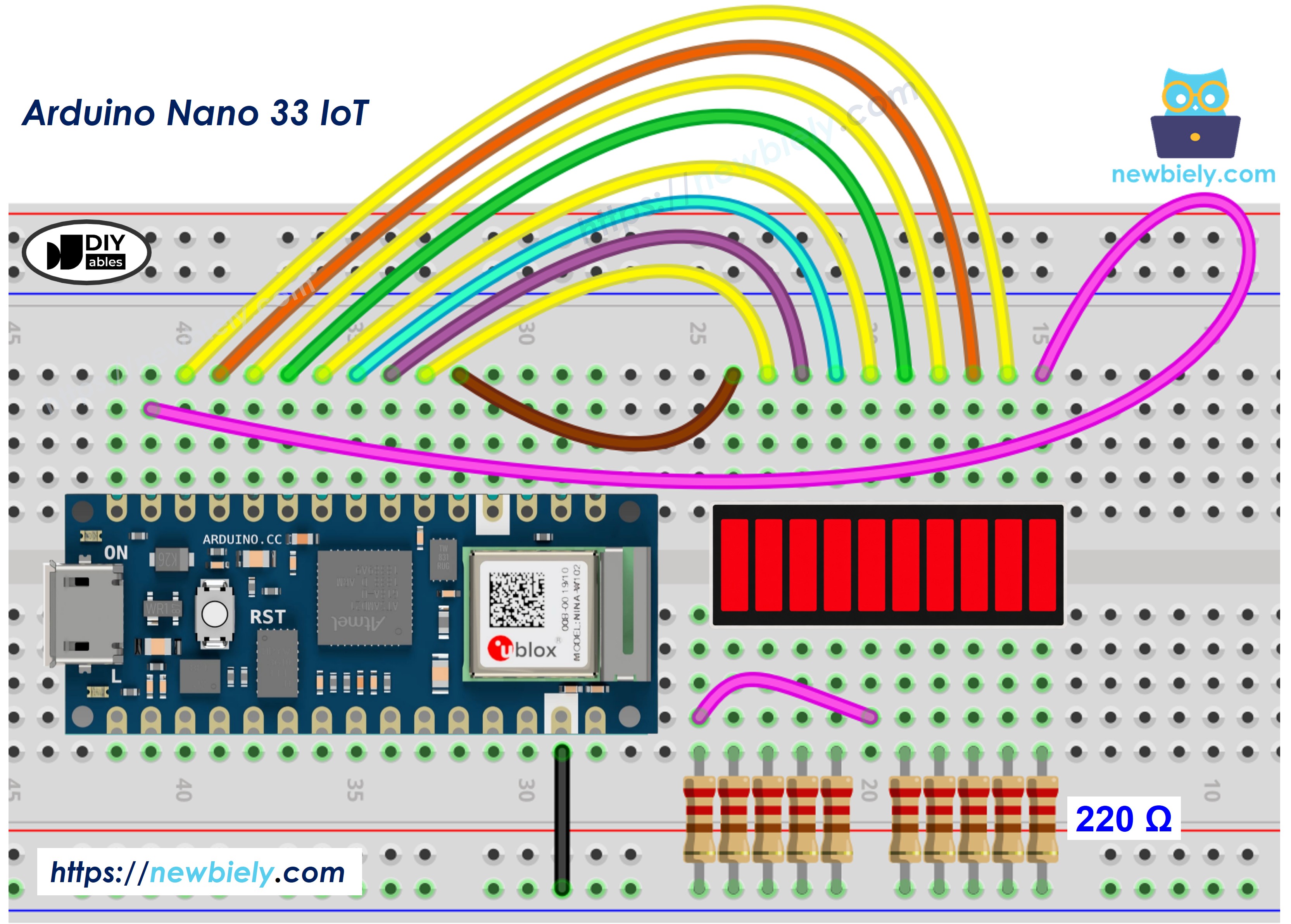 The wiring diagram between Arduino Nano and 33 IoT and 10 Segment LED Bar Graph