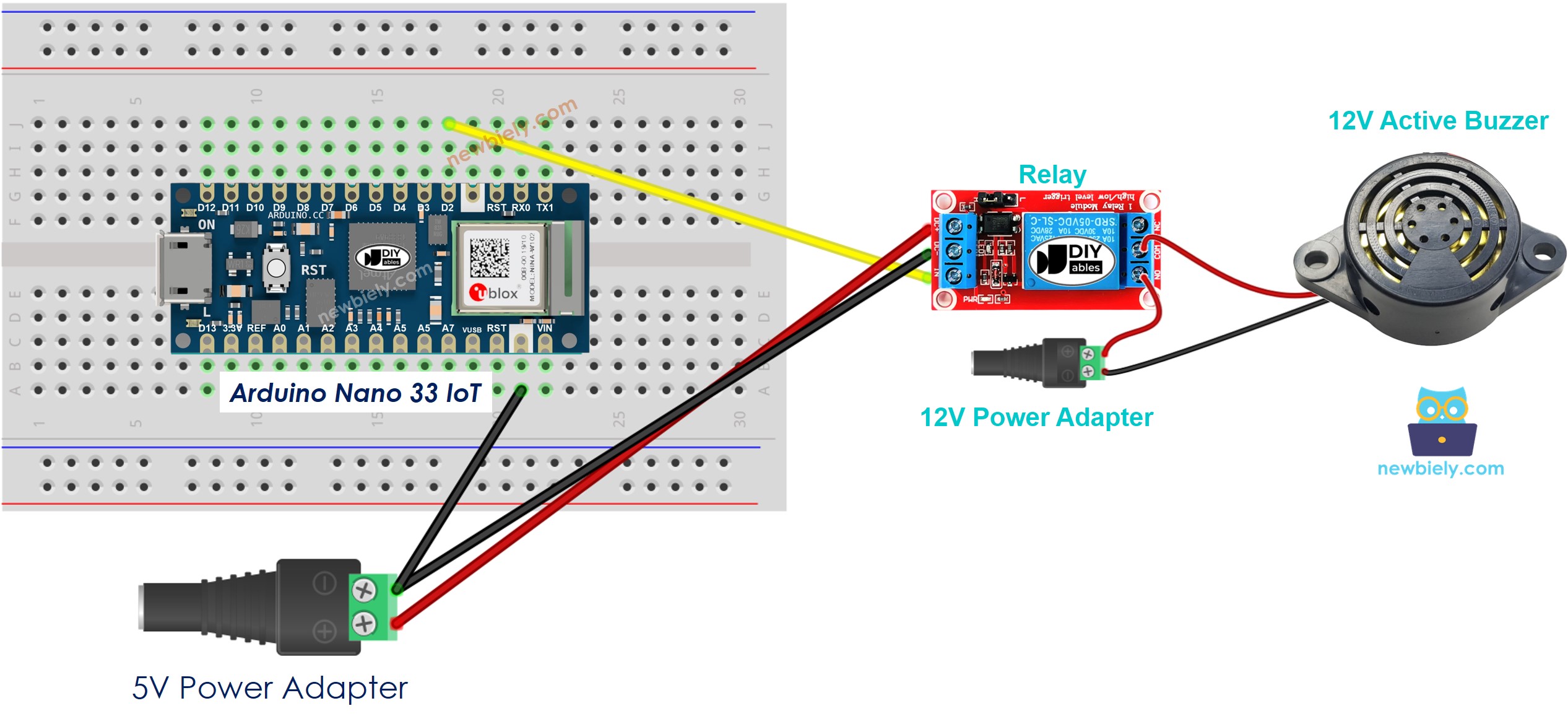 The wiring diagram between Arduino Nano and 33 IoT 12V Active Buzzer