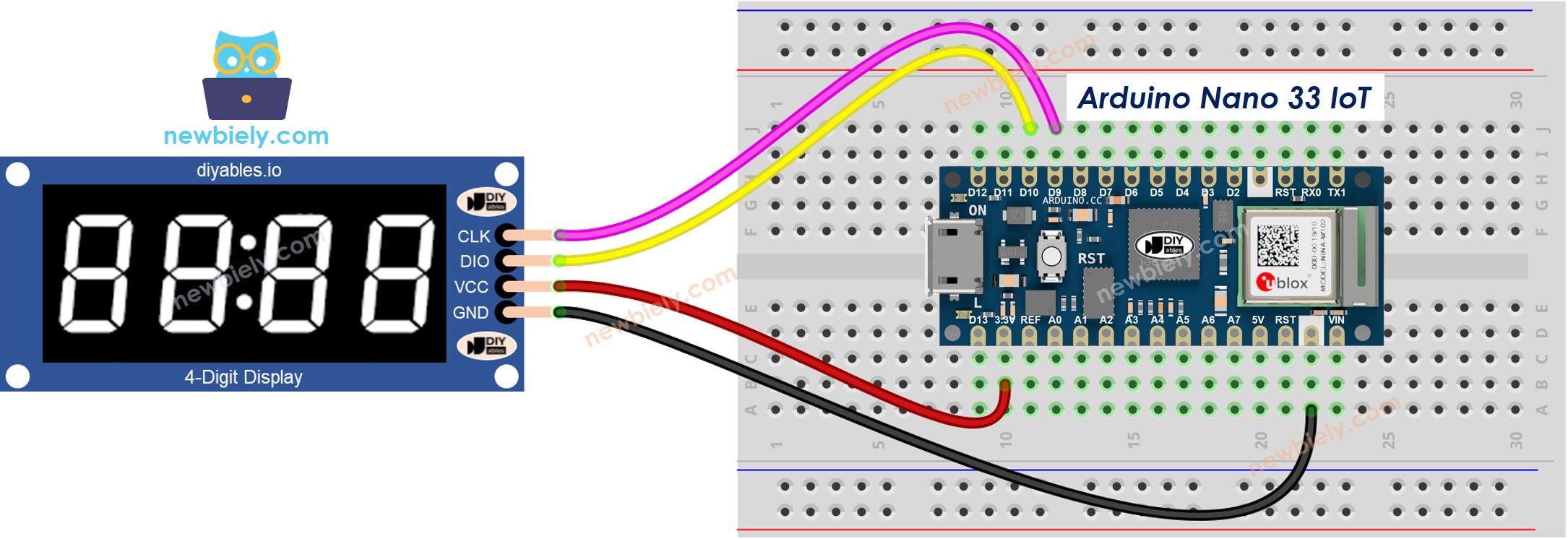 The wiring diagram between Arduino Nano and 33 IoT TM1637 Module