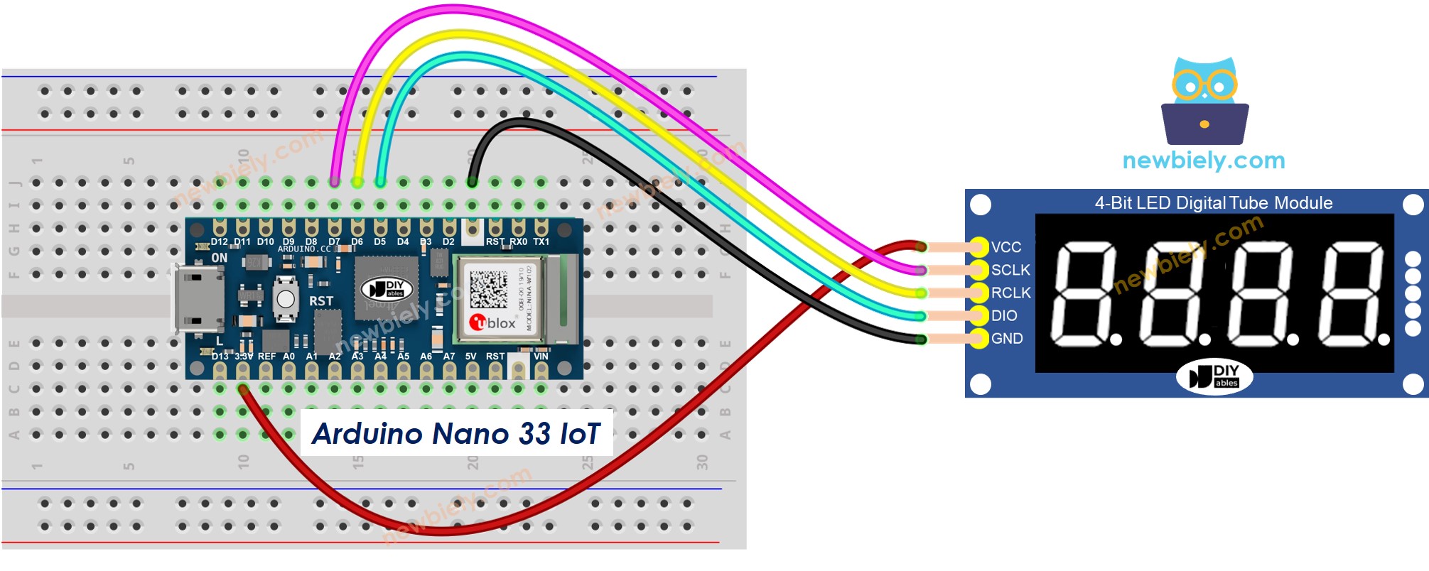 The wiring diagram between Arduino Nano and 33 IoT 74HC595 Module