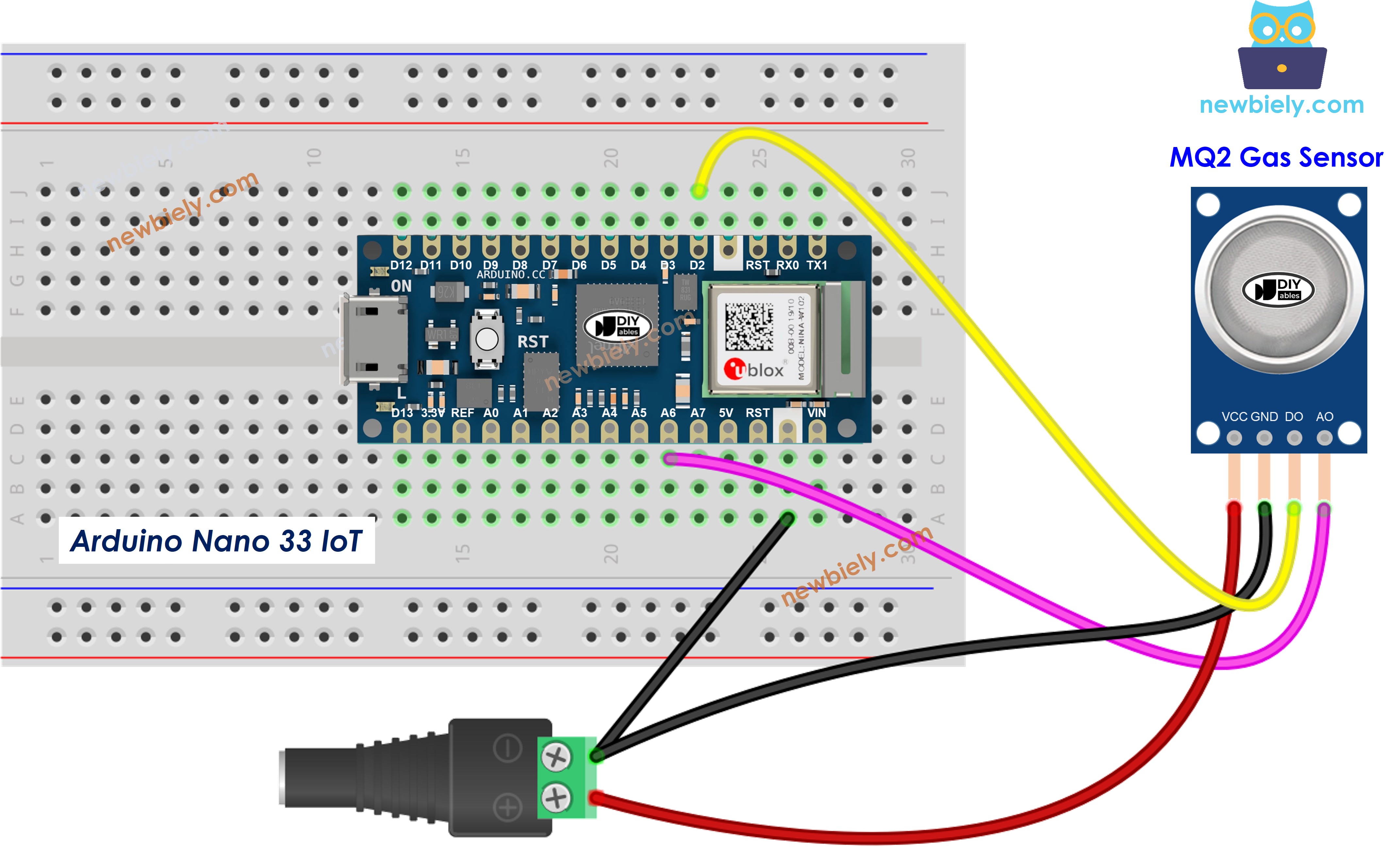 The wiring diagram between Arduino Nano and 33 IoT air quality