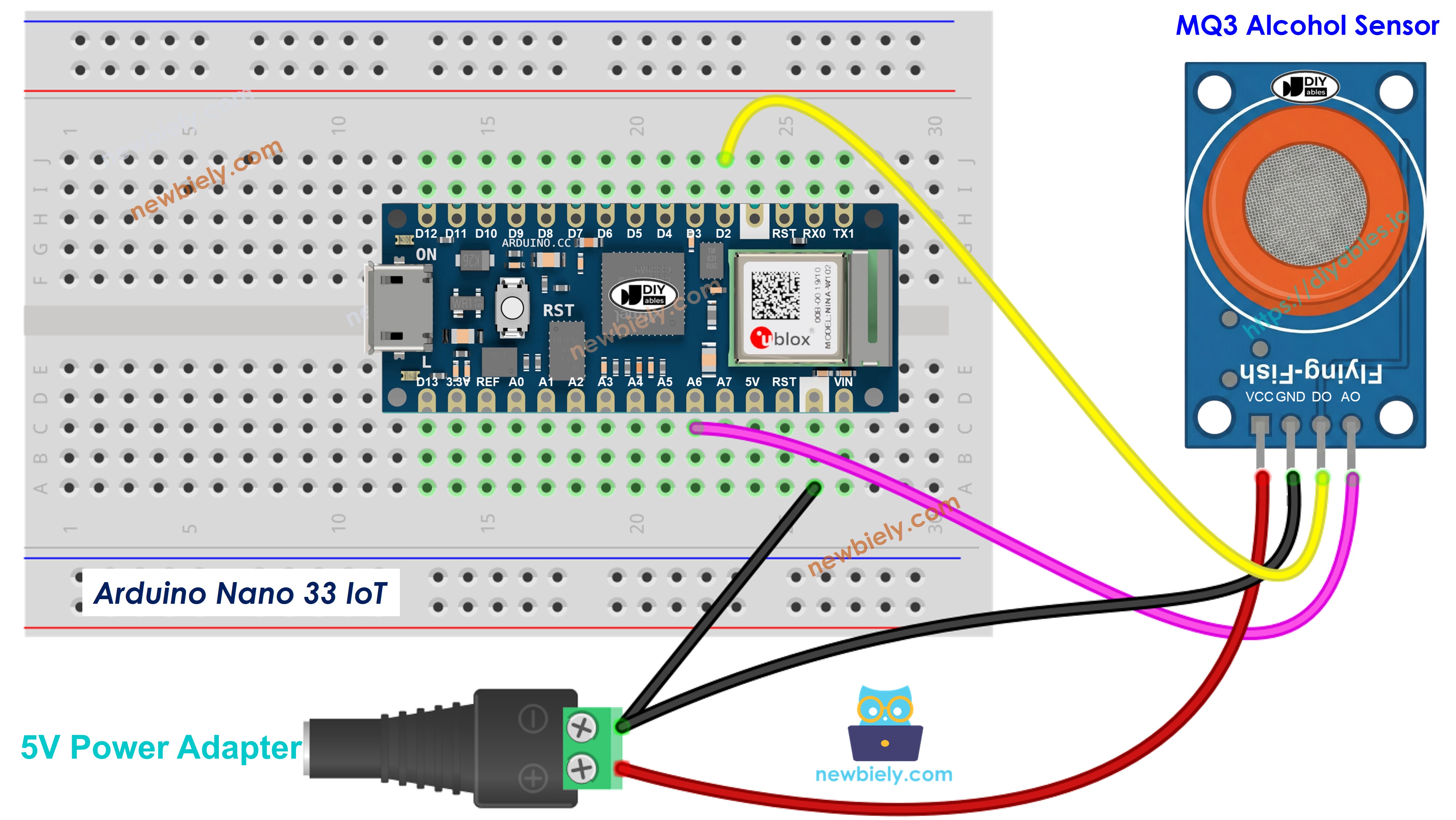 The wiring diagram between Arduino Nano and 33 IoT alcohol detector