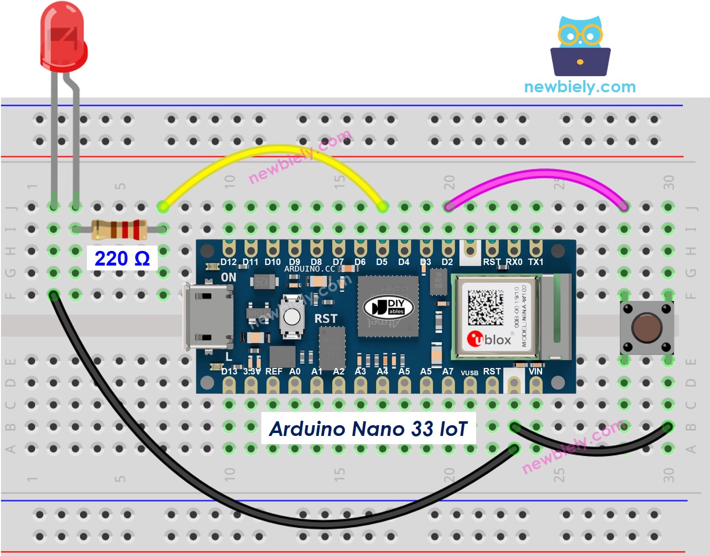 The wiring diagram between Arduino Nano and 33 IoT LED button