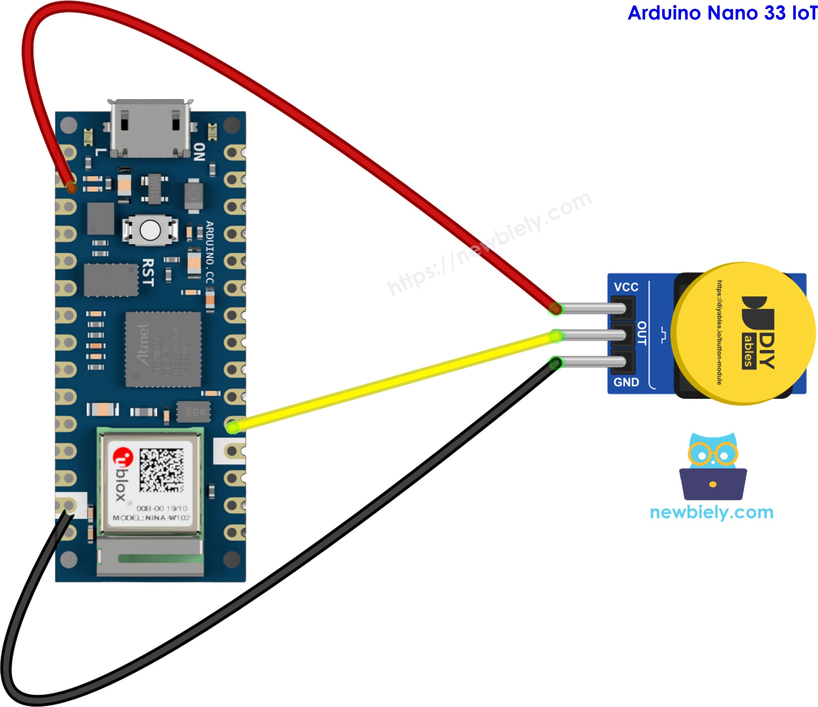 The wiring diagram between Arduino Nano and 33 IoT Button Module
