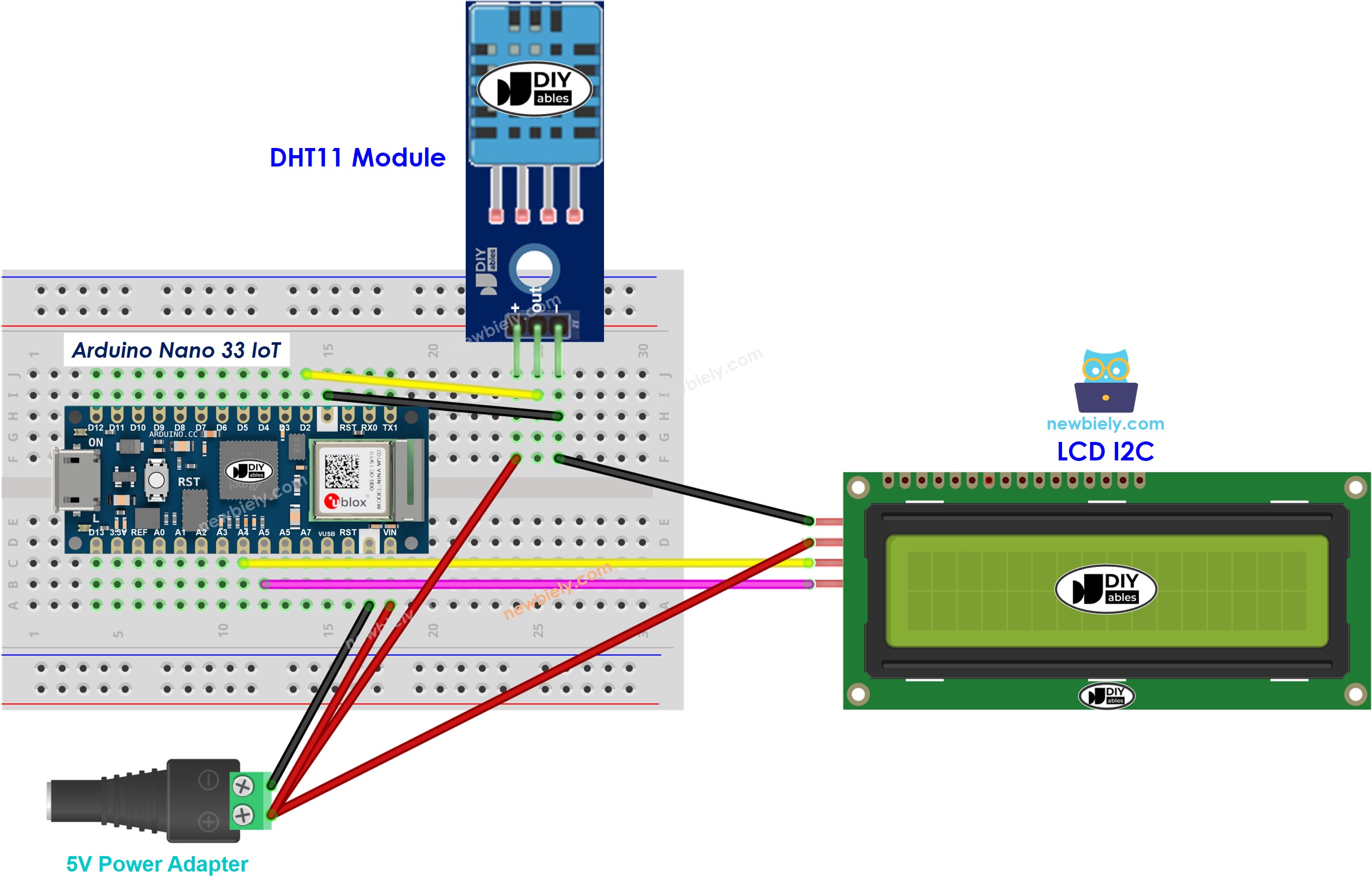 The wiring diagram between Arduino Nano and 33 IoT DHT11 LCD I2C