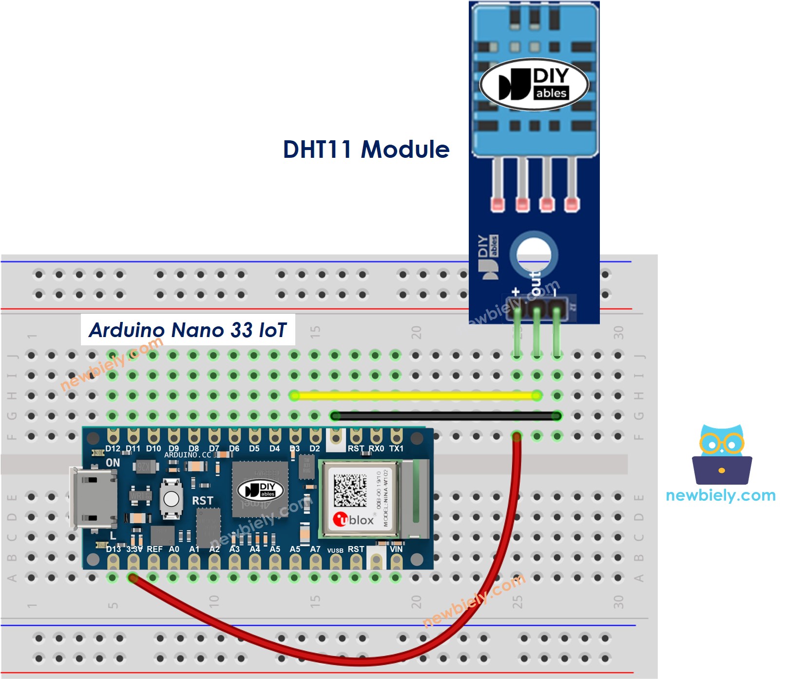 The wiring diagram between Arduino Nano and 33 IoT DHT11 Temperature and humidity Module