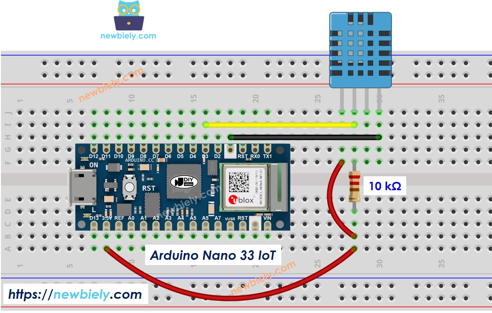 The wiring diagram between Arduino Nano and 33 IoT DHT11 Temperature and humidity Sensor